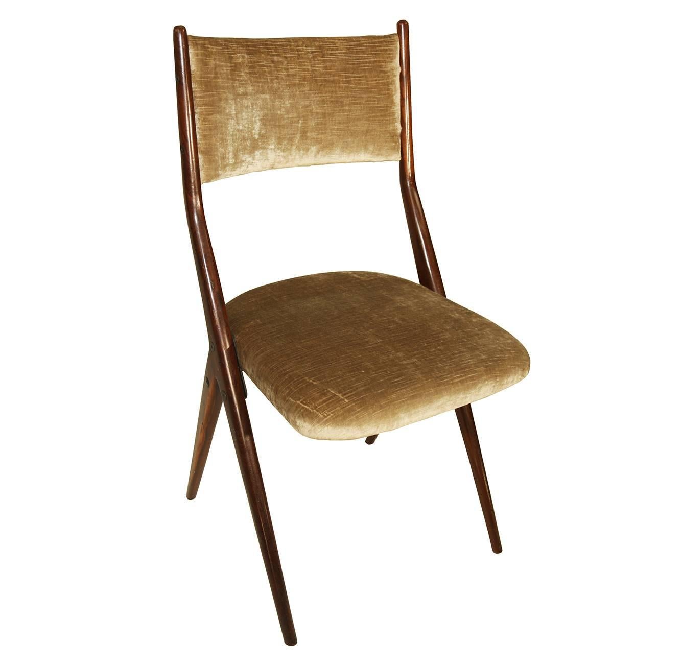 Mid-20th Century Four Mid-Century Modern Italian Scissor Shape Mahogany and Velvet Dining Chairs For Sale