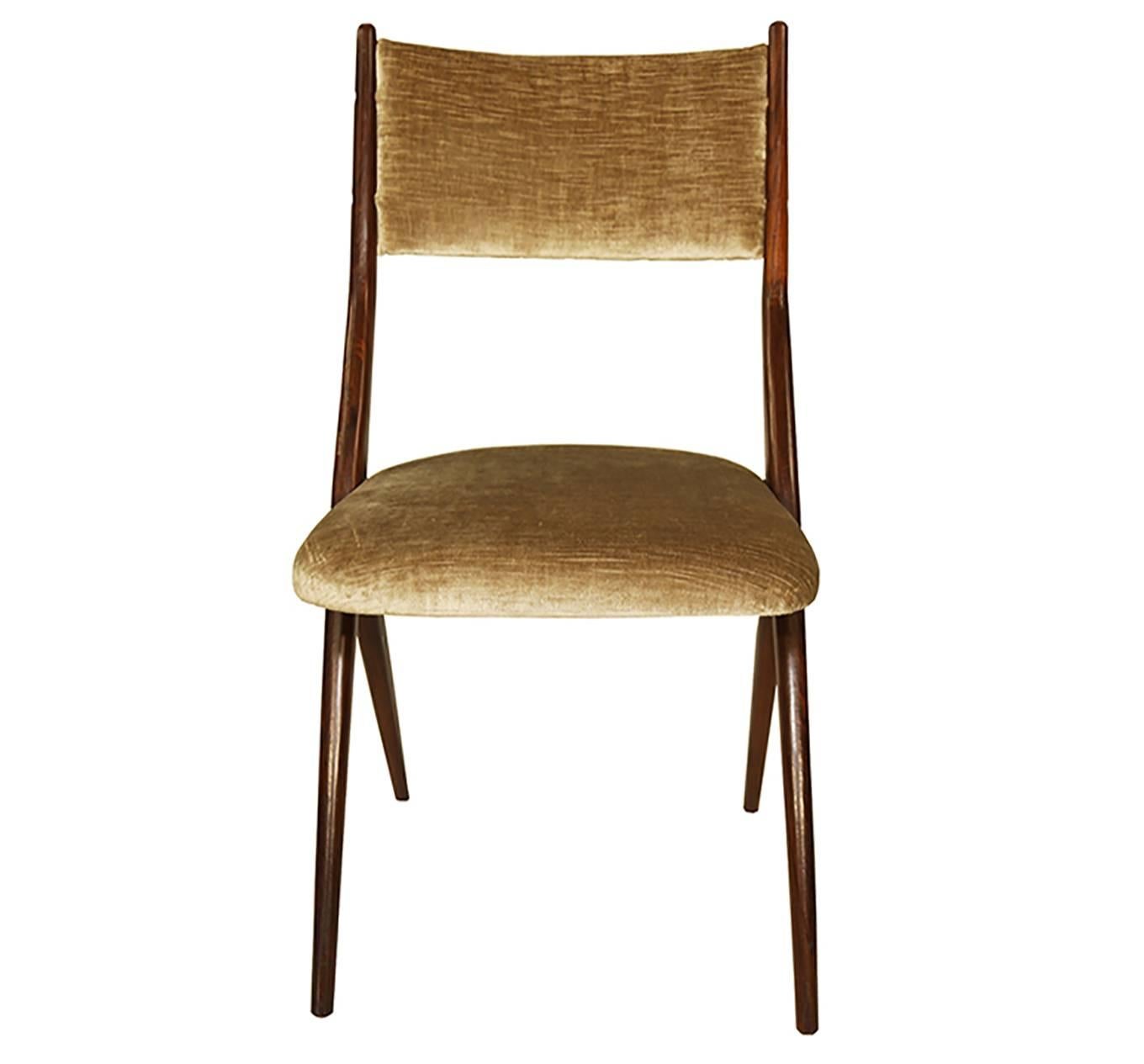 Four Mid-Century Modern Italian Scissor Shape Mahogany and Velvet Dining Chairs For Sale 1