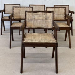 Six Mid Century Modern Pierre Jeanneret Floating Back Chairs, Teak, Cane, 1950s