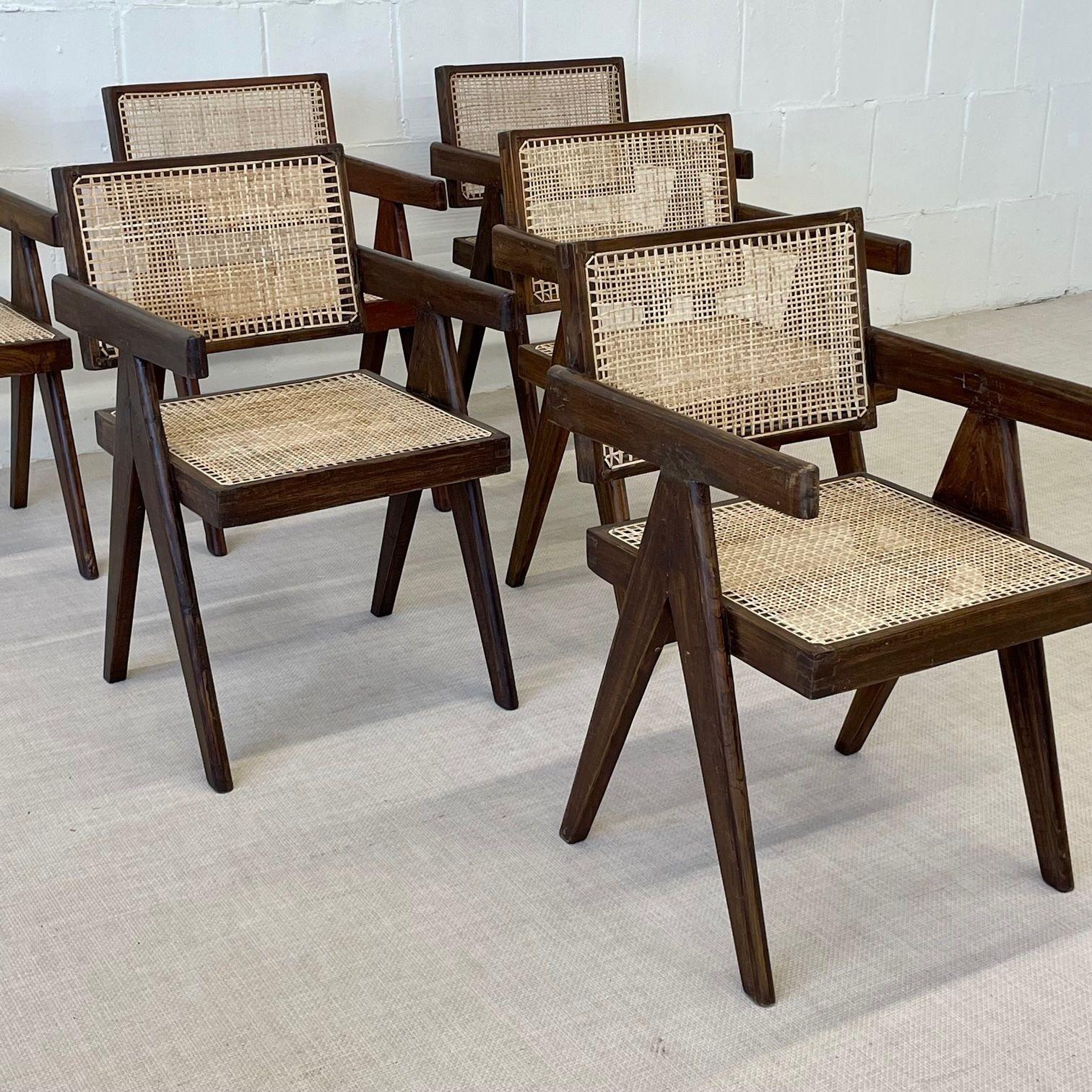 Indian Six Mid Century Modern Pierre Jeanneret Floating Back Chairs, Teak, Cane, 1950s