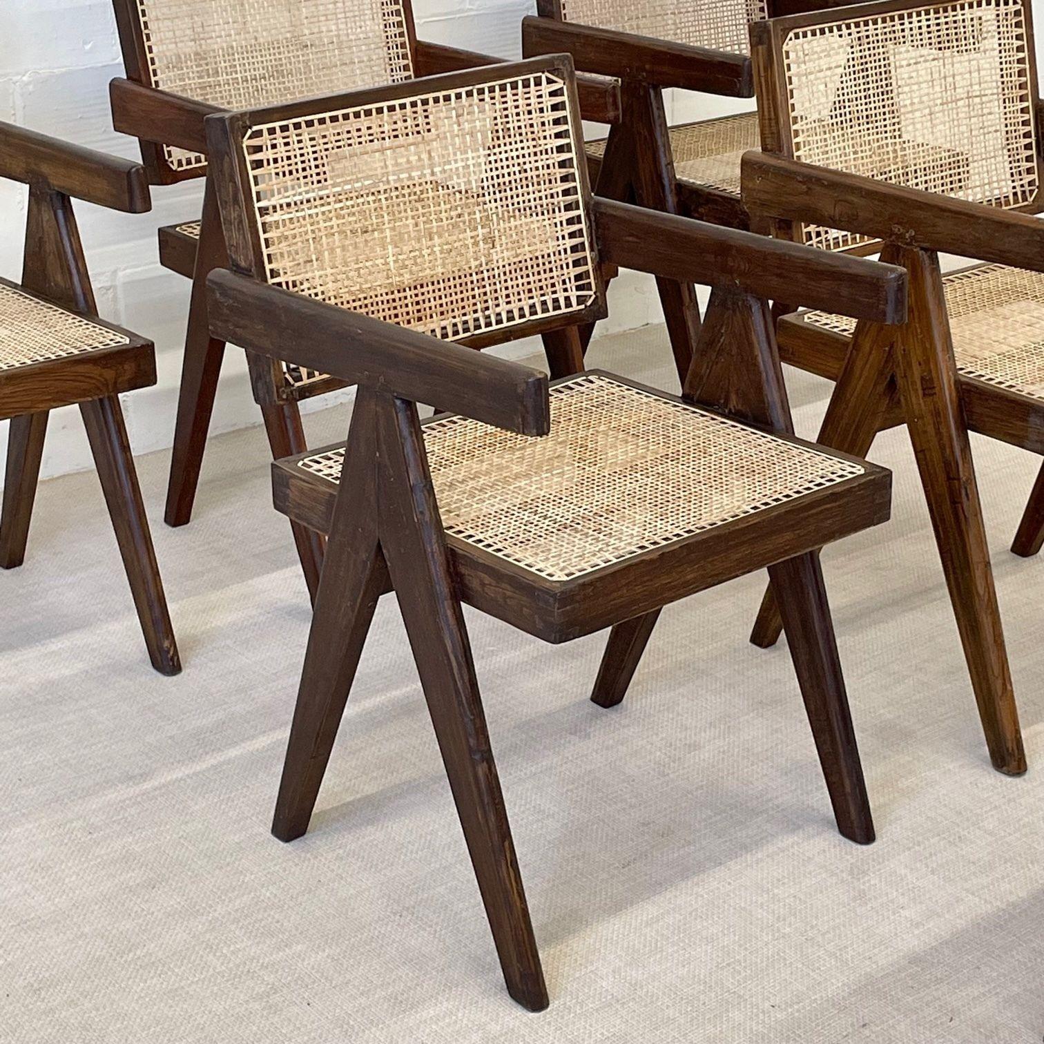 Six Mid Century Modern Pierre Jeanneret Floating Back Chairs, Teak, Cane, 1950s In Good Condition In Stamford, CT