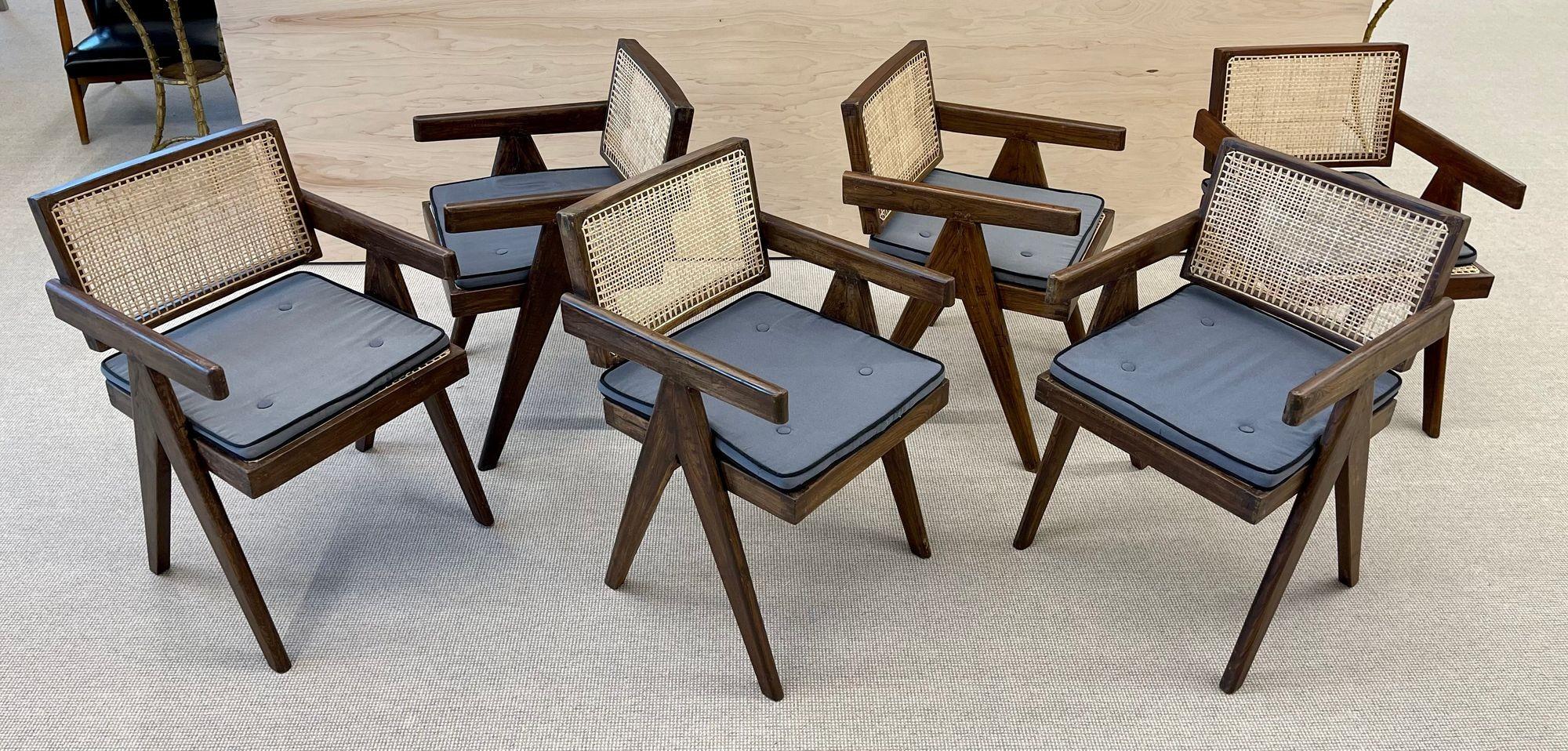 Six Mid Century Modern Pierre Jeanneret Floating Back Chairs, Teak, Cane, 1950s 1