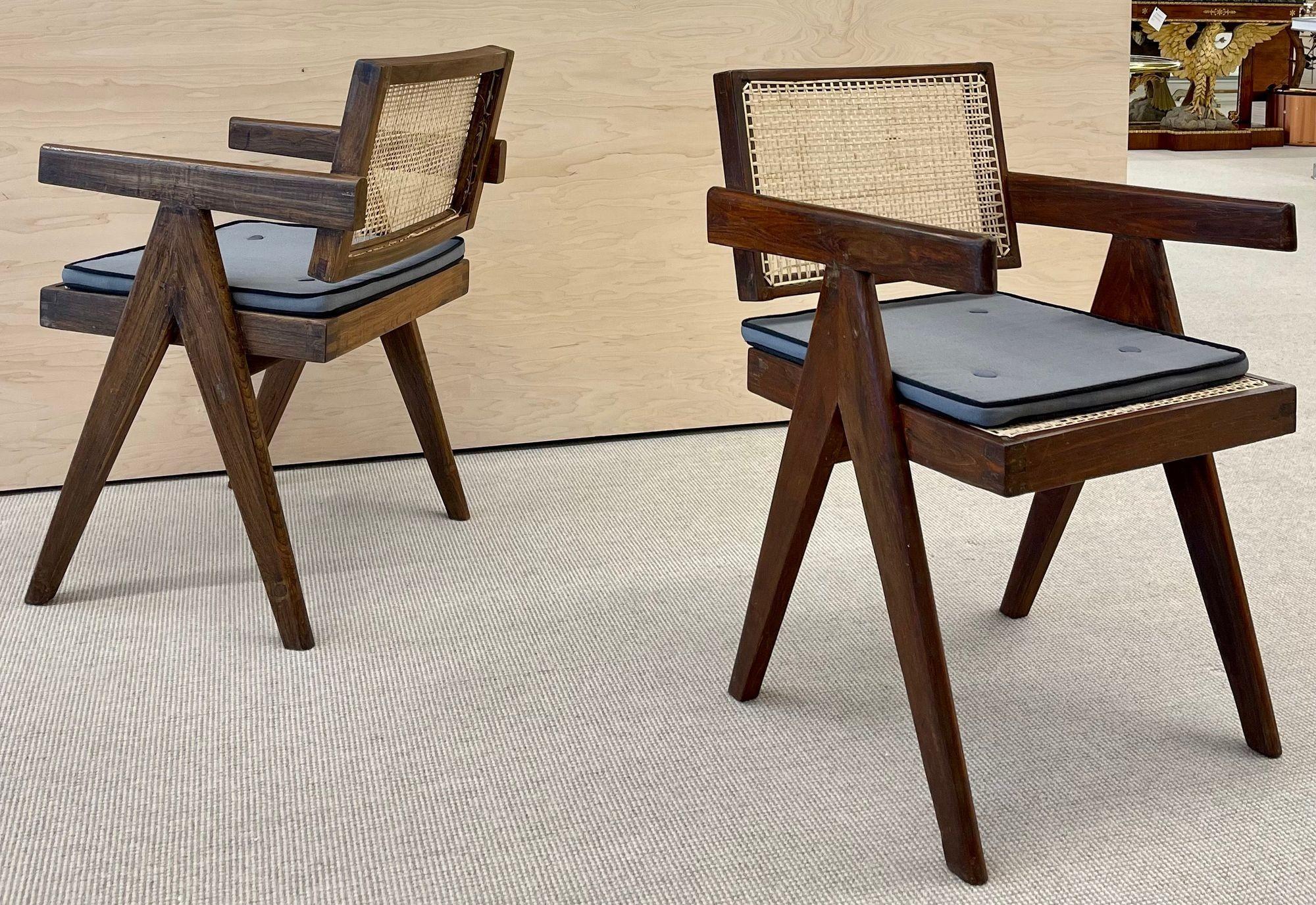 Six Mid Century Modern Pierre Jeanneret Floating Back Chairs, Teak, Cane, 1950s 2