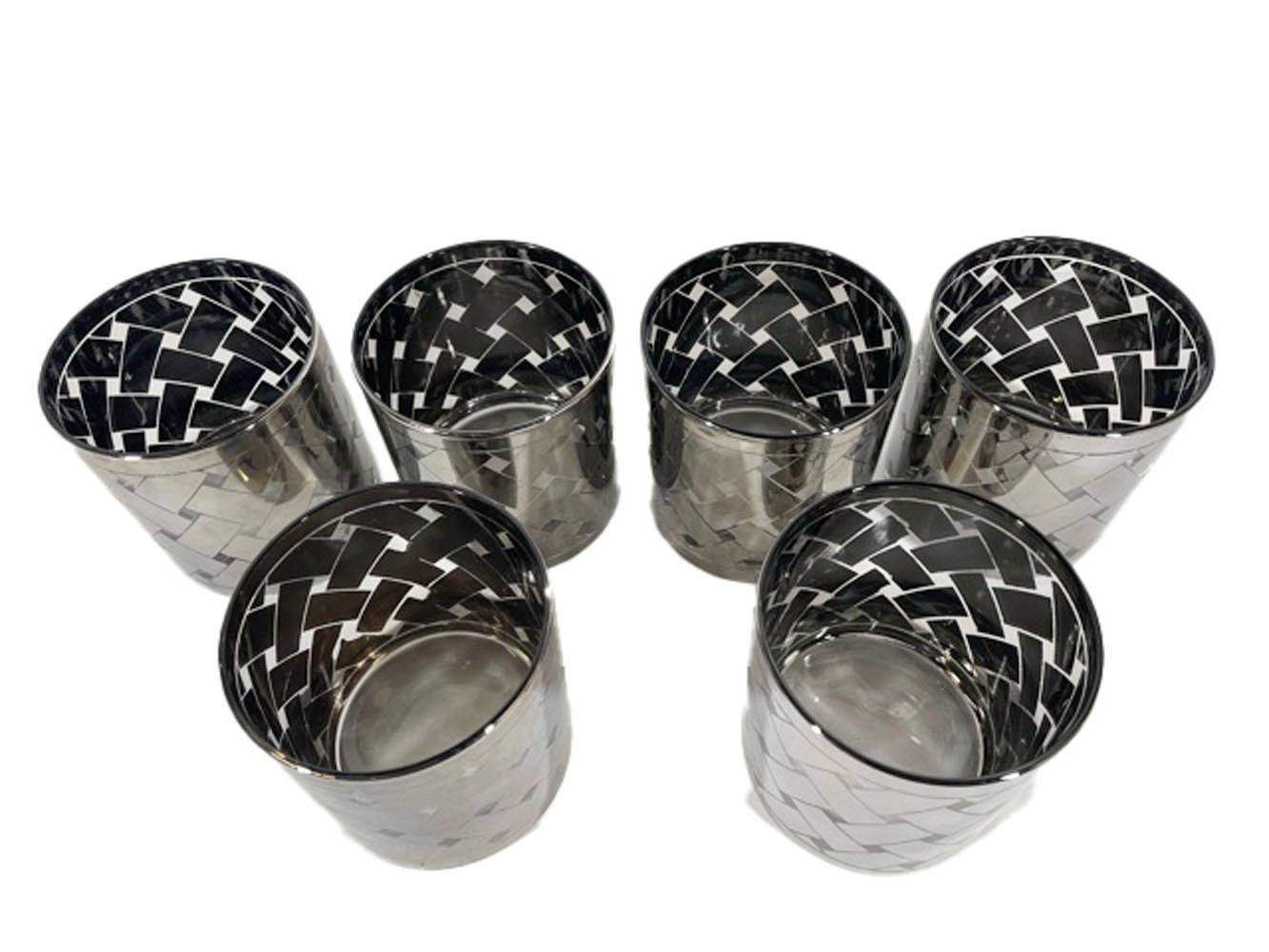 Set of 6 vintage rocks glasses in smooth, shinny, silver basketweave pattern.