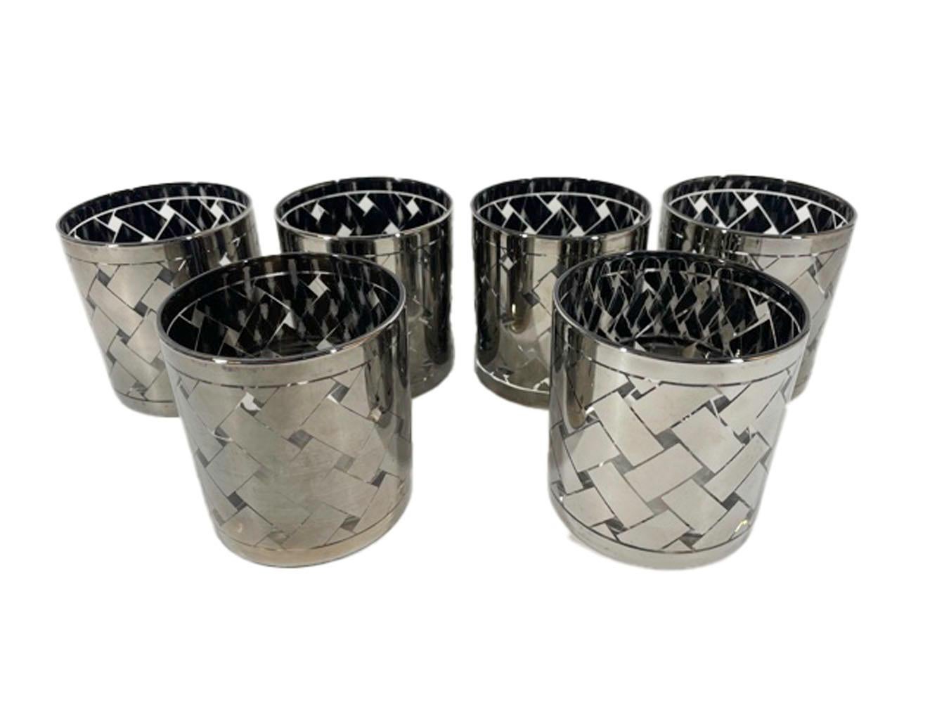 American Six Mid-Century Modern Rocks Glasses Decorated in a Silver Basketweave Pattern For Sale