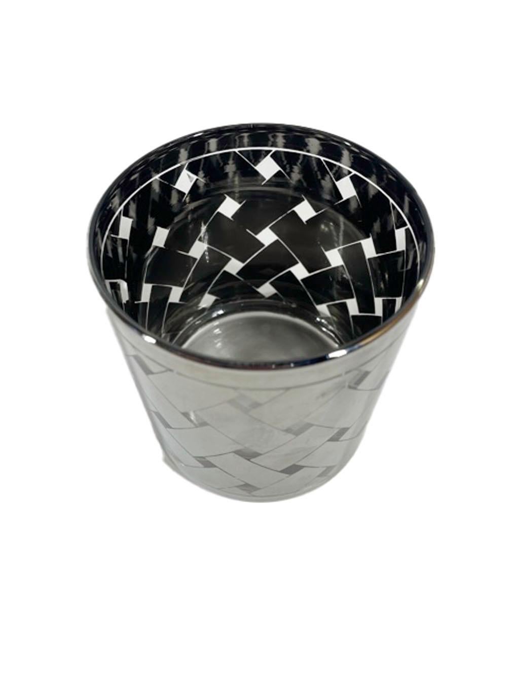20th Century Six Mid-Century Modern Rocks Glasses Decorated in a Silver Basketweave Pattern For Sale