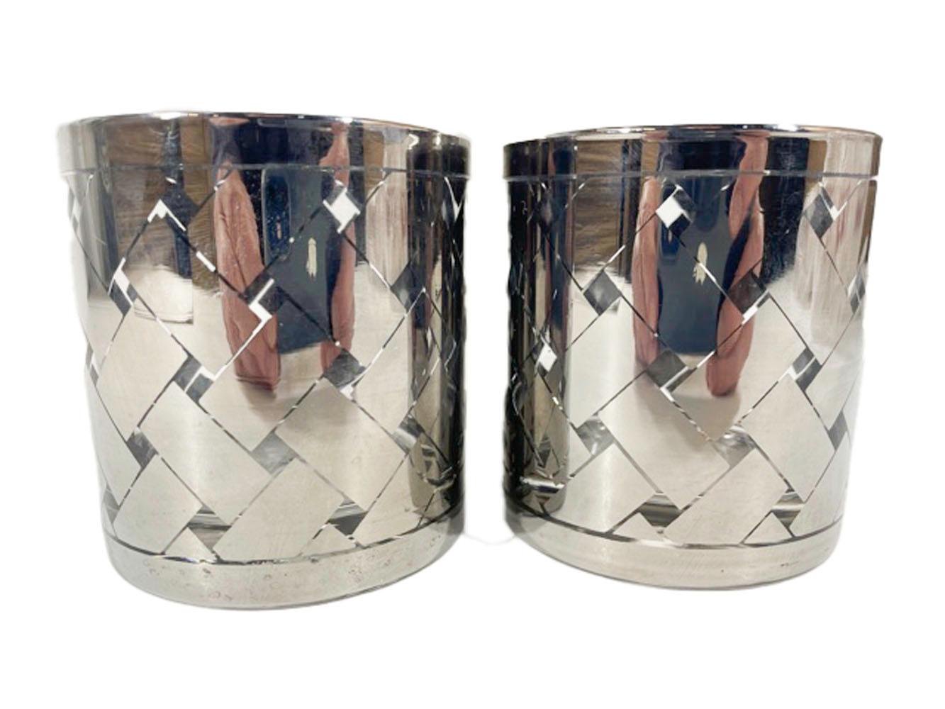 Six Mid-Century Modern Rocks Glasses Decorated in a Silver Basketweave Pattern For Sale 1