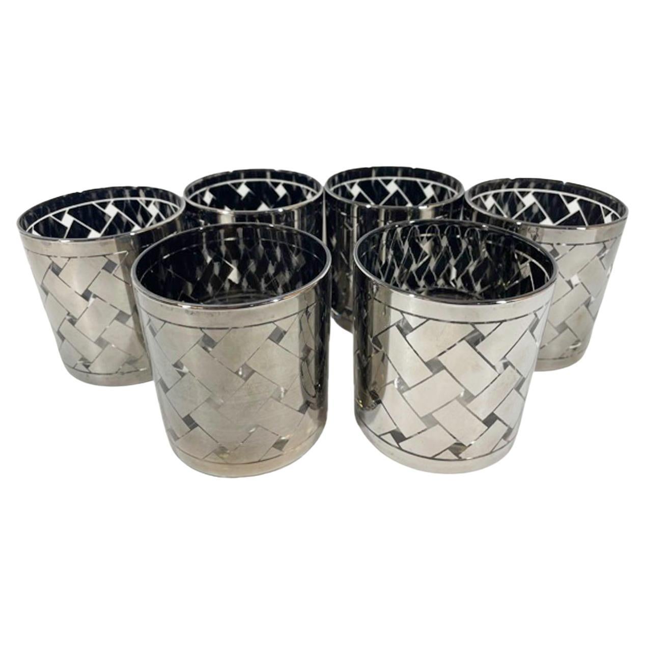 Six Mid-Century Modern Rocks Glasses Decorated in a Silver Basketweave Pattern