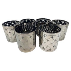 Retro Six Mid-Century Modern Rocks Glasses Decorated in a Silver Basketweave Pattern