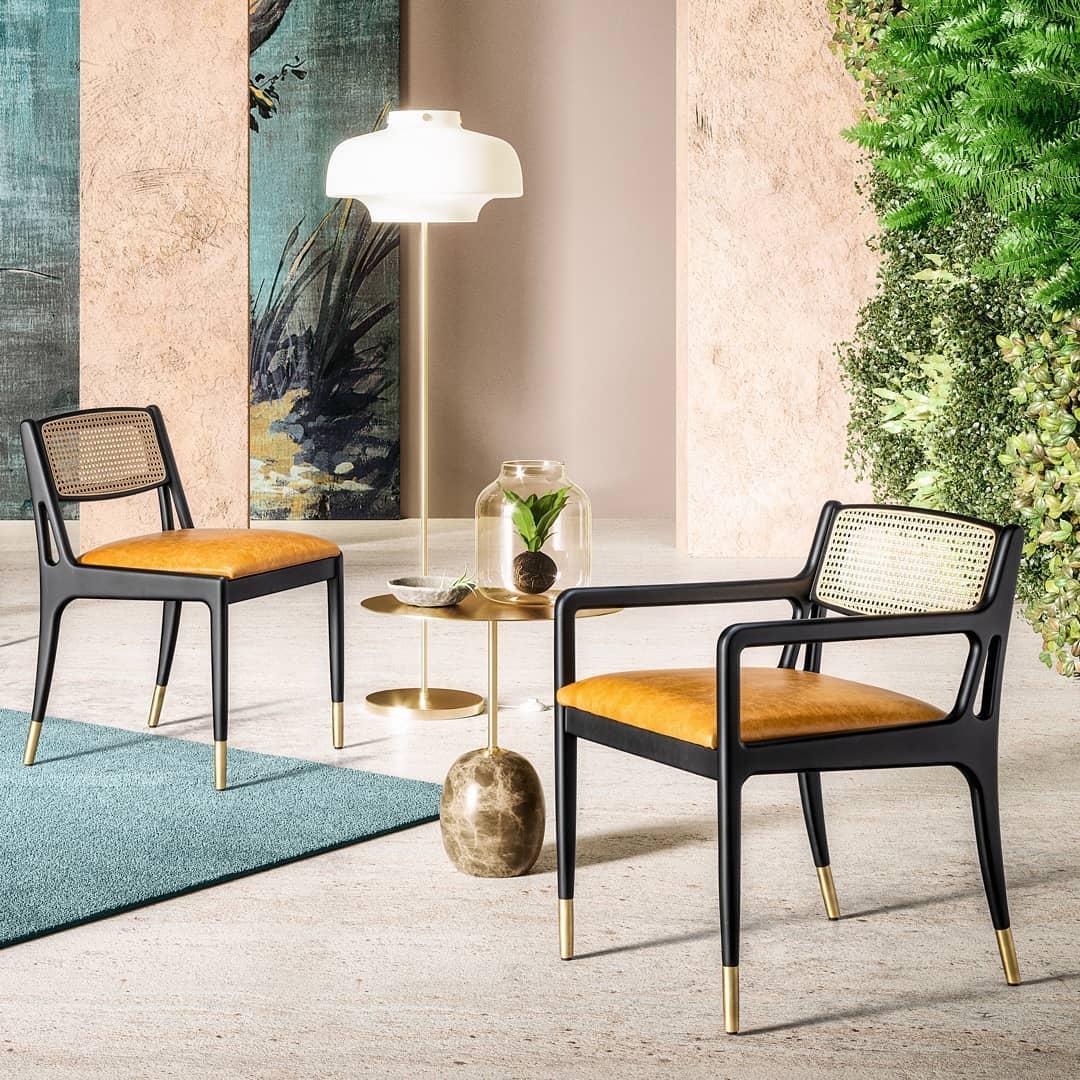 Contemporary Six Mid-Century Modern Style Chairs w/ Rattan & Brass Detailing-Mondo Design For Sale