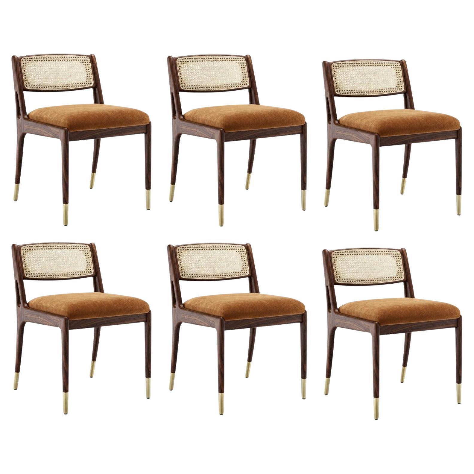 Six Mid-Century Modern Style Chairs w/ Rattan & Brass Detailing-Mondo Design For Sale