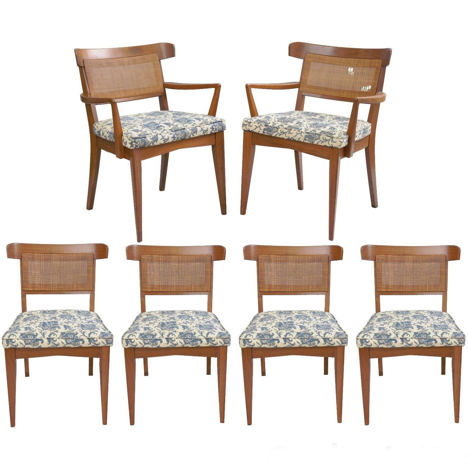 Six Mid-Century Modern Walnut Curved Cane Back Dining Chairs Tomlinson Style