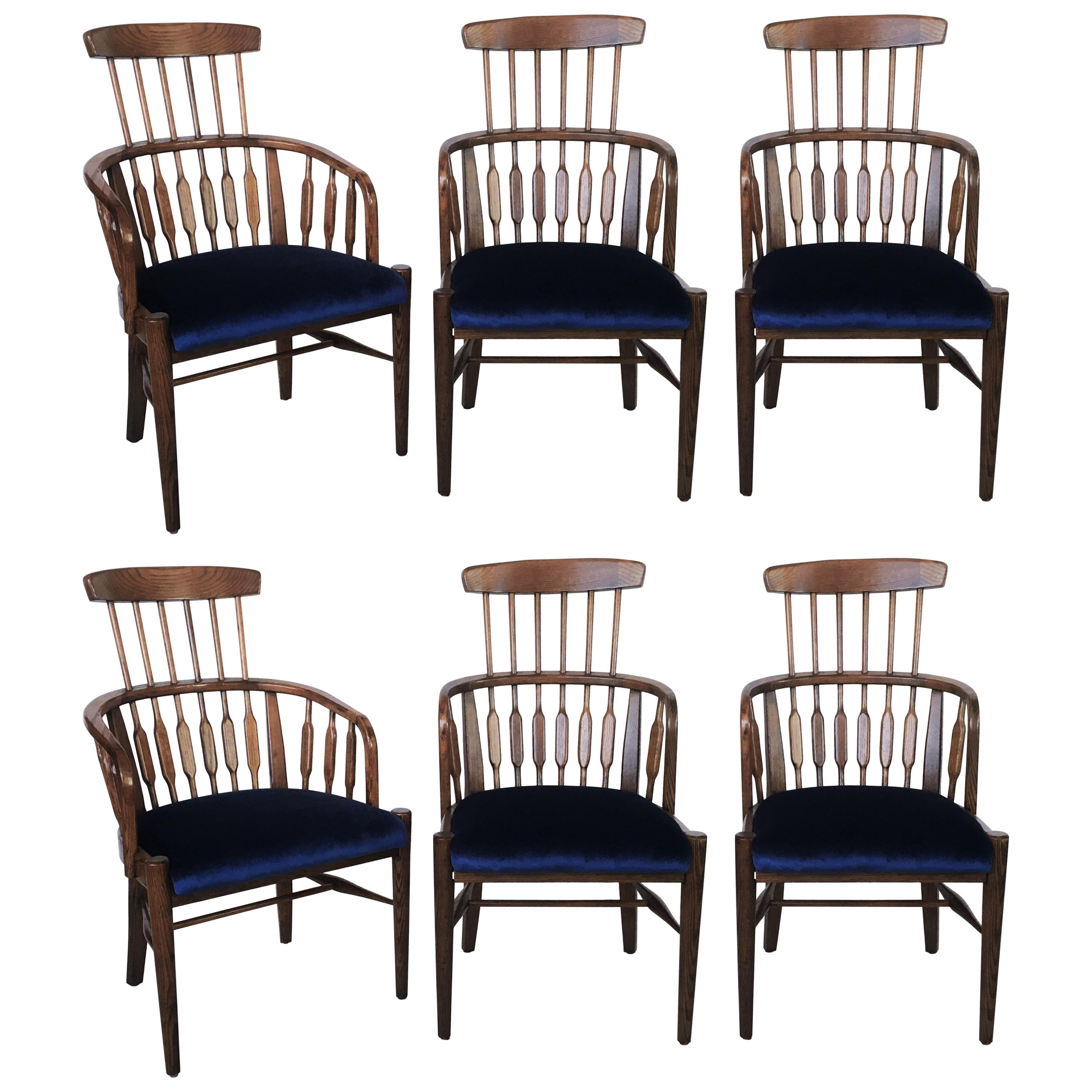 Six Mid-Century Modern Windsor Tall Back Dining Chairs