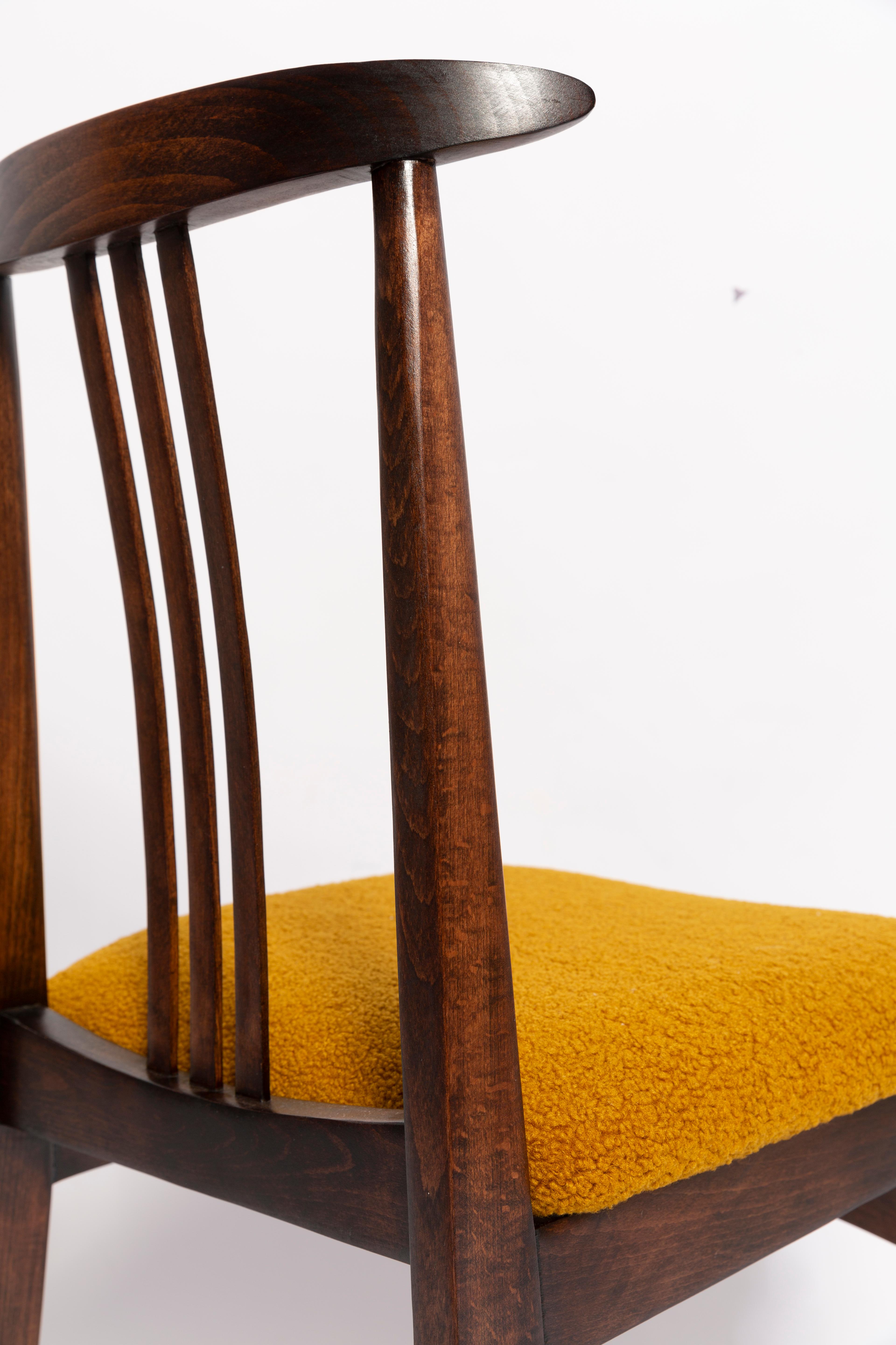 Hand-Crafted Six Mid-Century Ochre Boucle Chairs, Walnut Wood, M. Zielinski, Europe 1960s For Sale