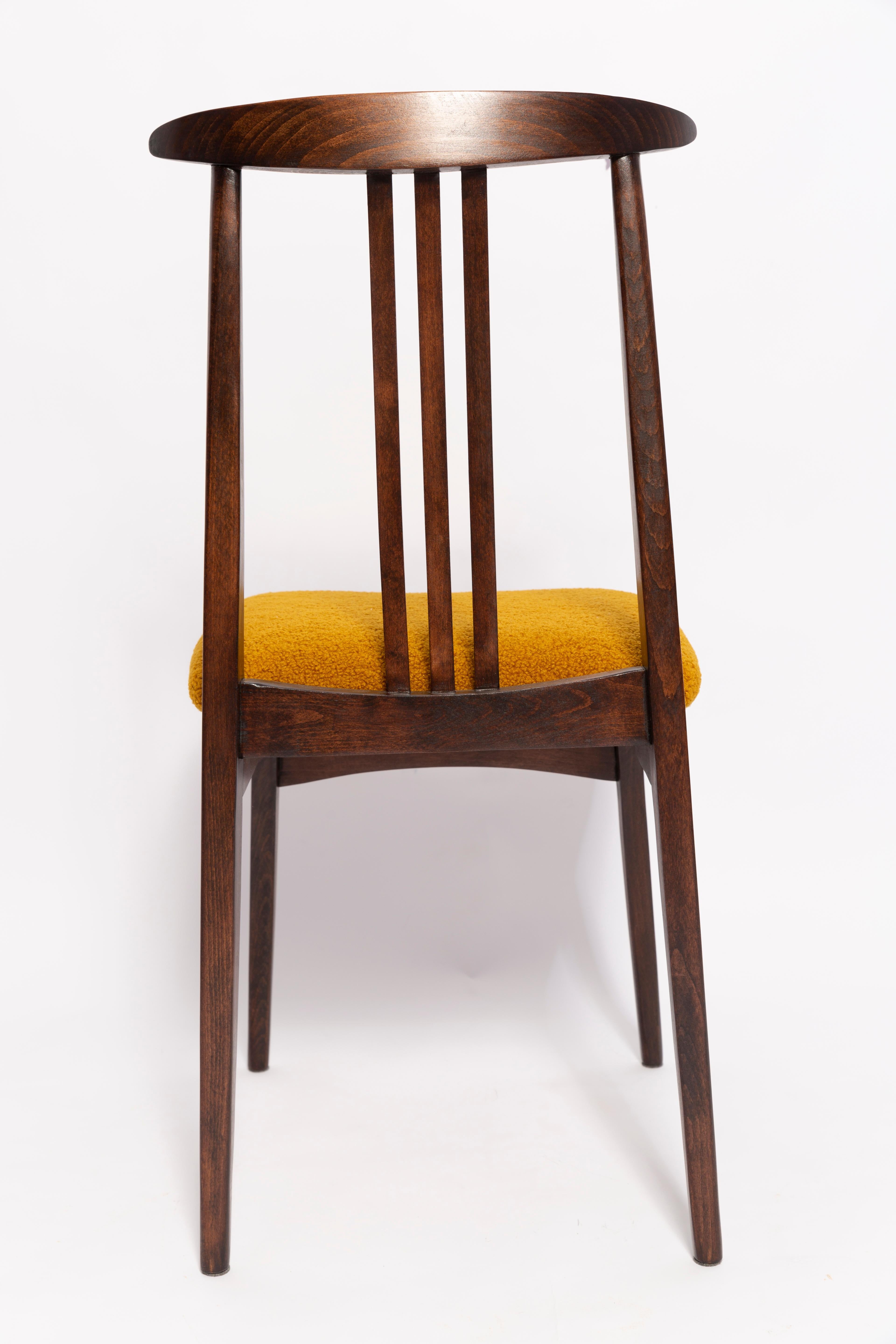 Six Mid-Century Ochre Boucle Chairs, Walnut Wood, M. Zielinski, Europe 1960s In Excellent Condition For Sale In 05-080 Hornowek, PL