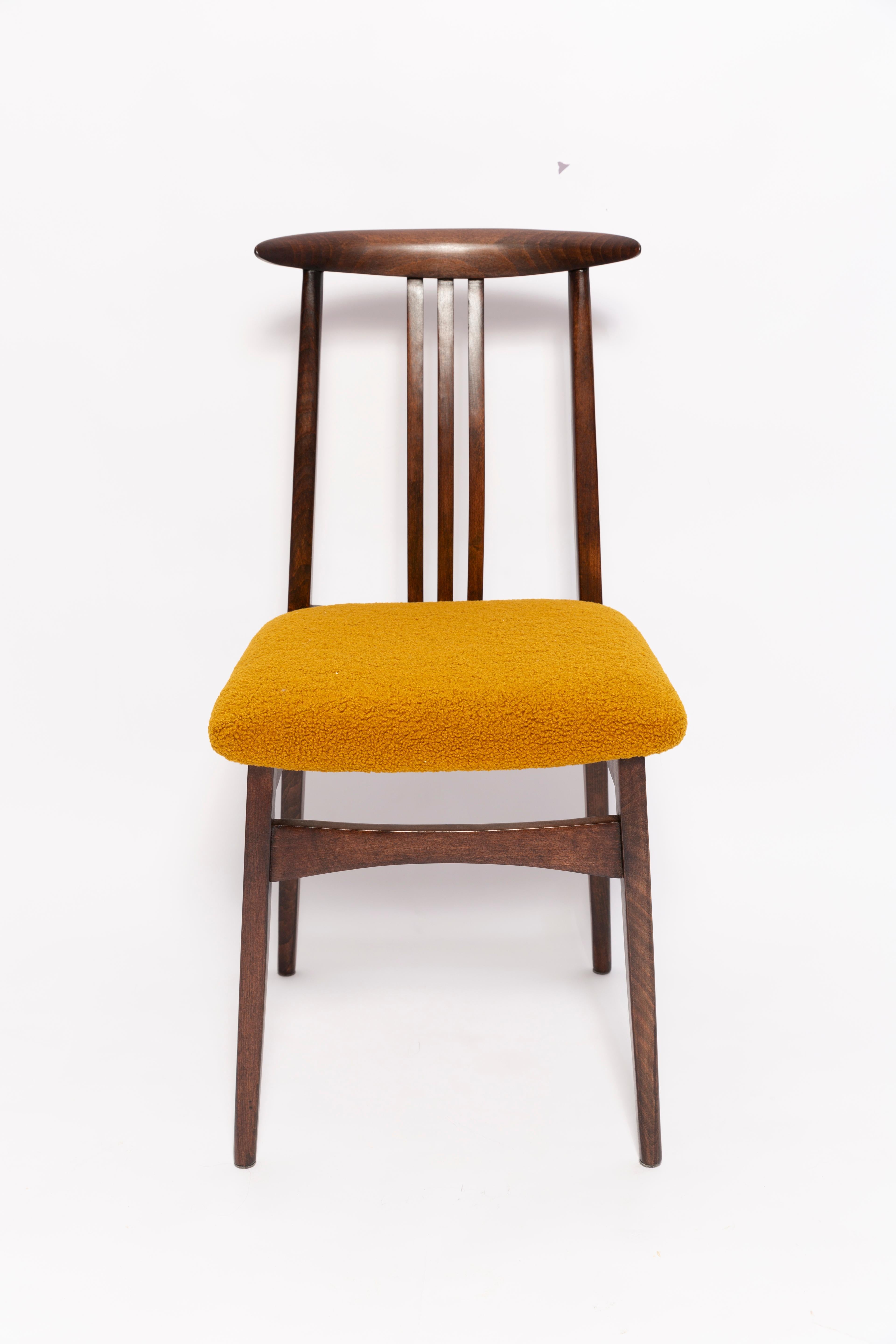 Bouclé Six Mid-Century Ochre Boucle Chairs, Walnut Wood, M. Zielinski, Europe 1960s For Sale