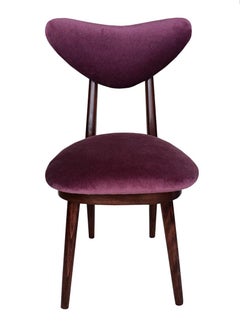 Six Mid Century Plum Purple Velvet, Walnut Wood, Heart Chairs, Poland, 1960s