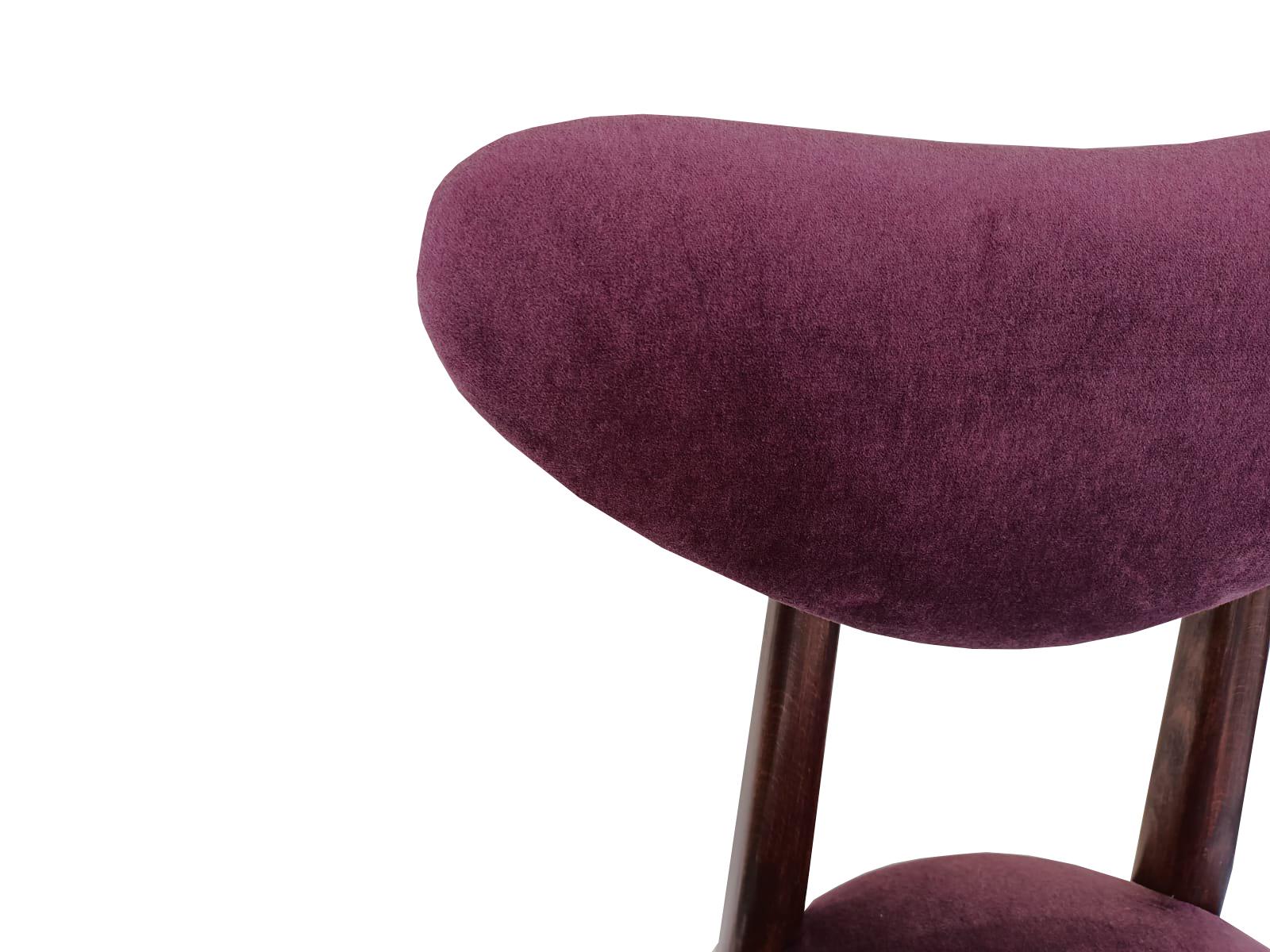 Six Mid Century Plum Purple Velvet, Walnut Wood, Heart Chairs, Poland, 1960s In Excellent Condition For Sale In 05-080 Hornowek, PL