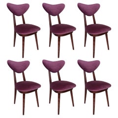 Six Mid Century Plum Purple Velvet, Walnut Wood, Heart Chairs, Poland, 1960s