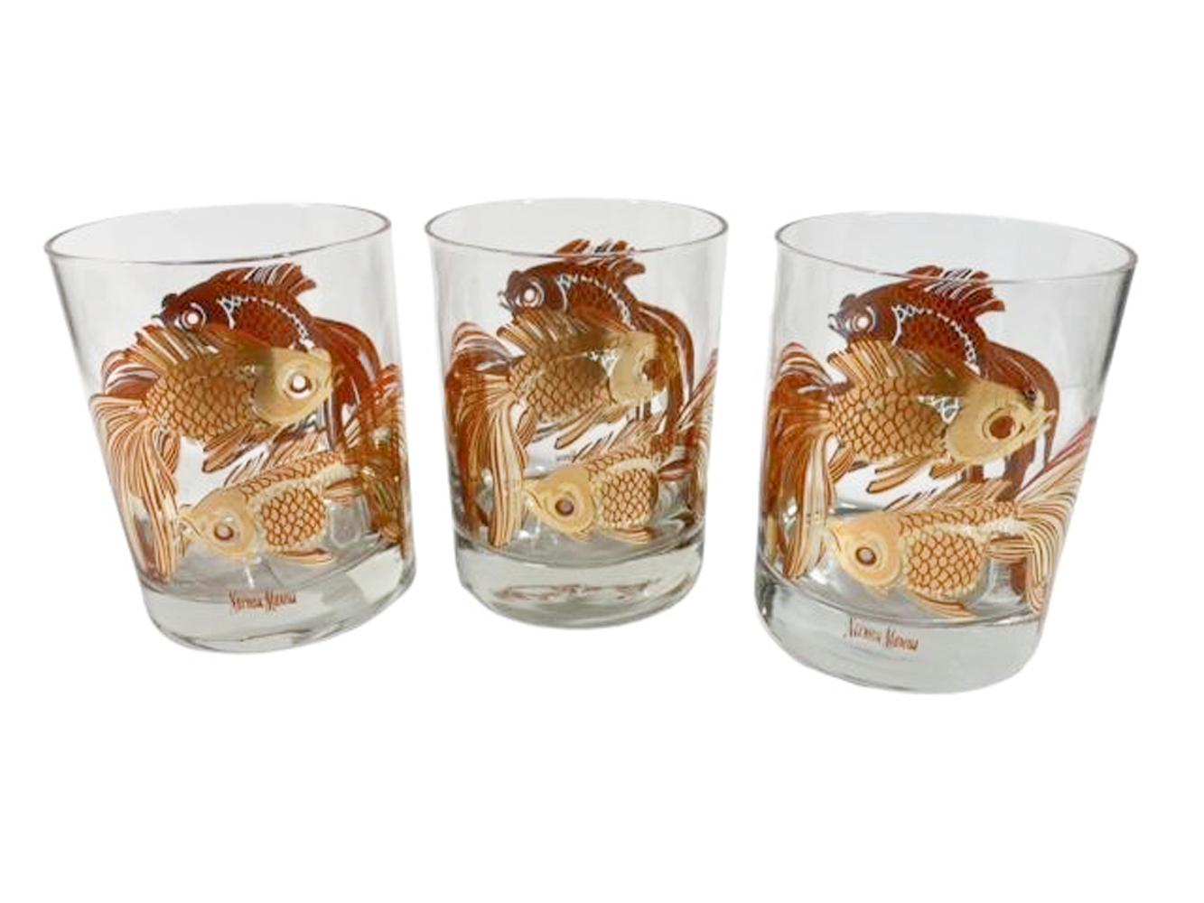 Mid-Century Modern Six verres Rocks du milieu du siècle pour Neiman-Marcus avec Koi en or 22 carats sur orange en vente