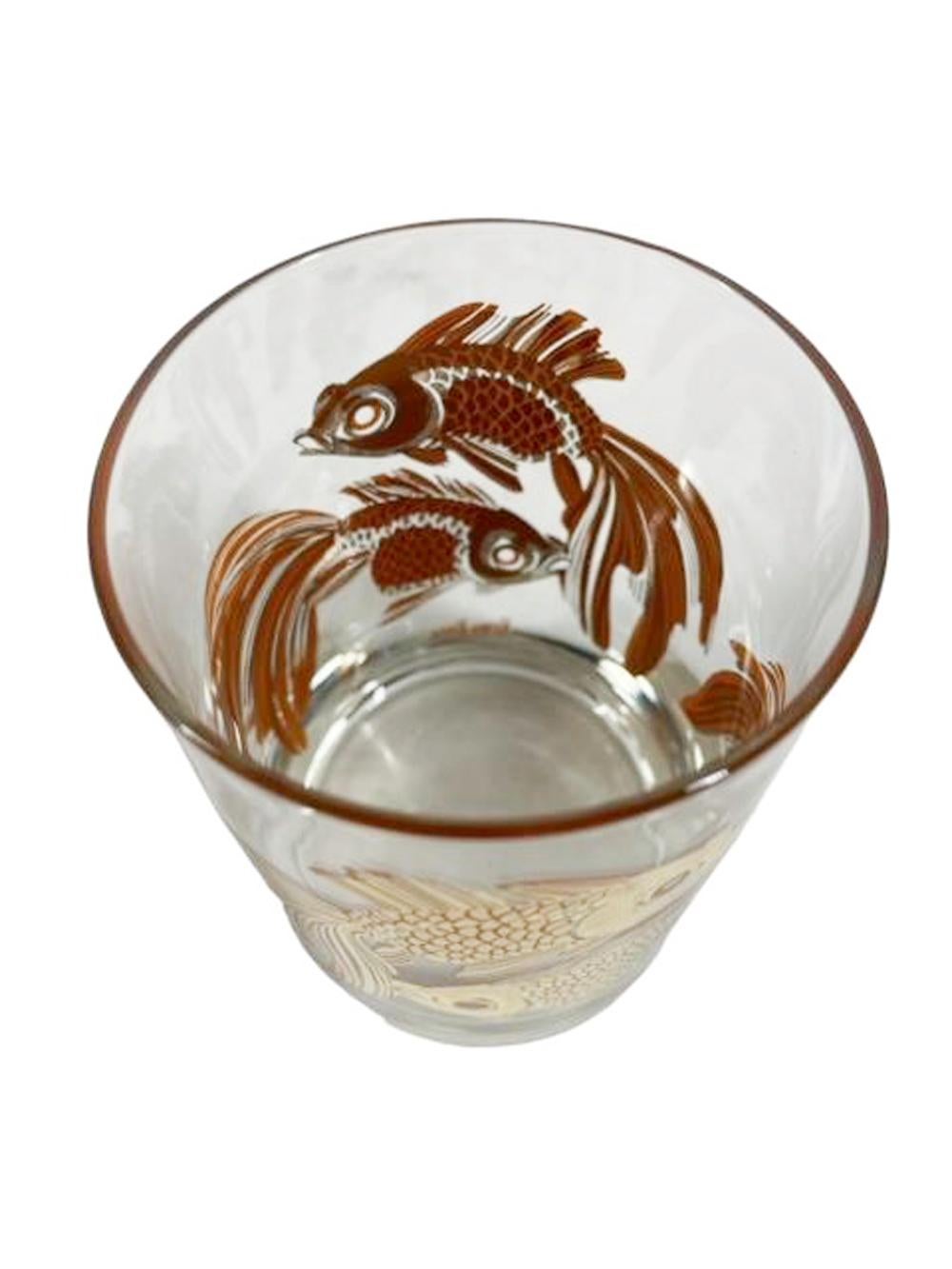 Américain Six verres Rocks du milieu du siècle pour Neiman-Marcus avec Koi en or 22 carats sur orange en vente