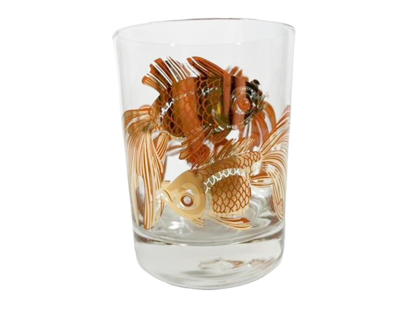 Six verres Rocks du milieu du siècle pour Neiman-Marcus avec Koi en or 22 carats sur orange en vente 1
