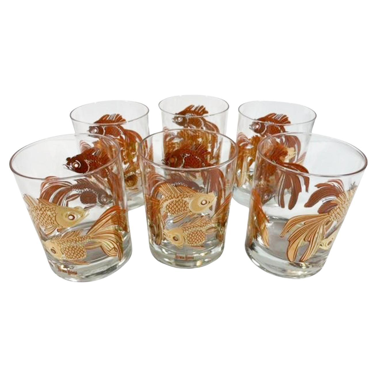 Six Mid-Century Rocks Glasses for Neiman-Marcus with Koi in 22k Gold Over Orange