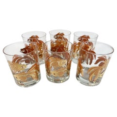 Six Mid-Century Rocks Glasses for Neiman-Marcus with Koi in 22k Gold Over Orange