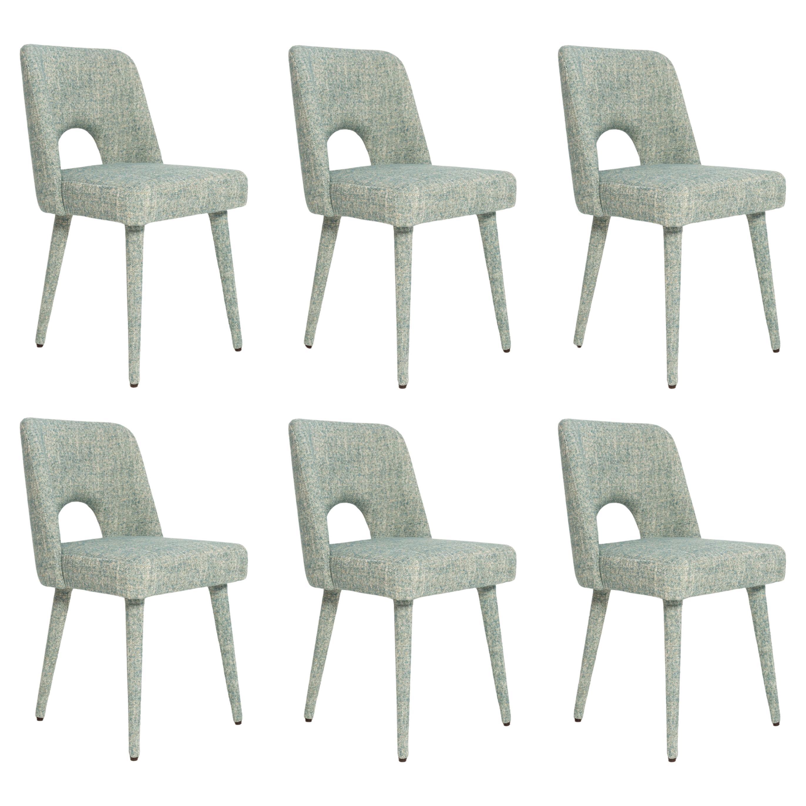 Six Mid Century Shell Chairs in Blue linen fabric Arsene by Pierre Frey, 1960s For Sale