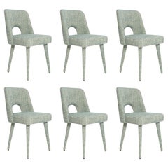 Seis sillas de concha de mediados de siglo en tela de lino azul Arsene de Pierre Frey, años 60