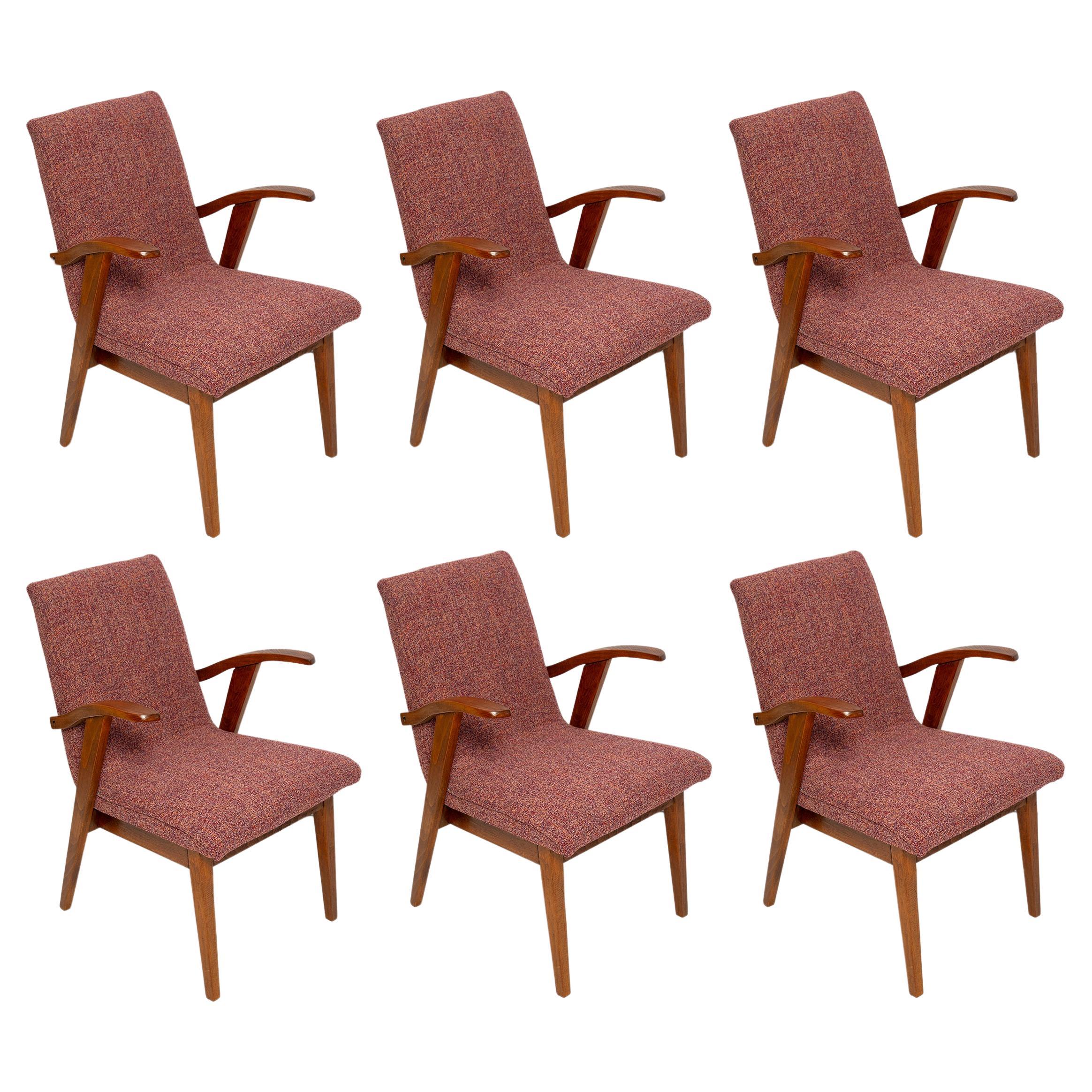 Six Mid Century Vintage Purple Melange Armchairs by M. Puchala, Europe, 1960s