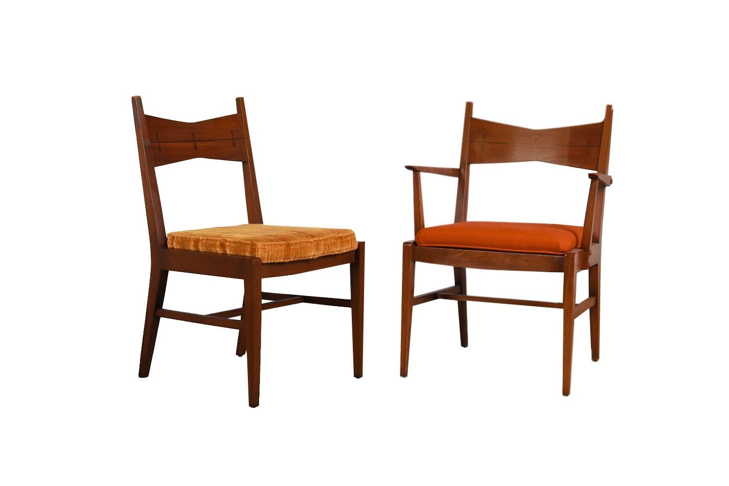 Six Mid Century Walnut Dining Chairs Lane Tuxedo Inlay 1