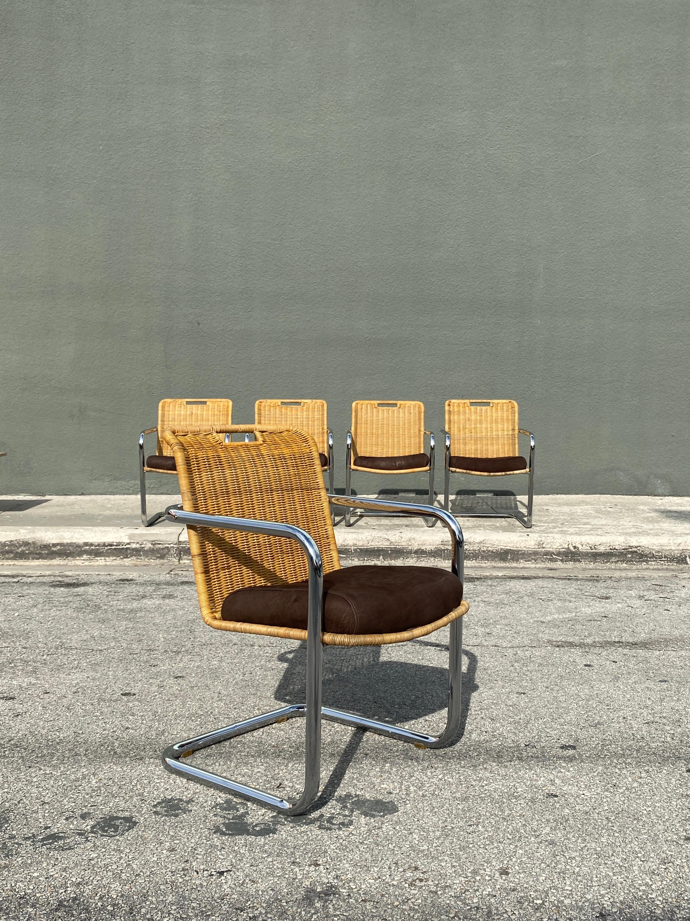Six Mid Century Wicker and Chrome Dining Chairs Attributed to Harvey Probber 4