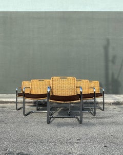 Six Mid Century Wicker and Chrome Dining Chairs Attributed to Harvey Probber