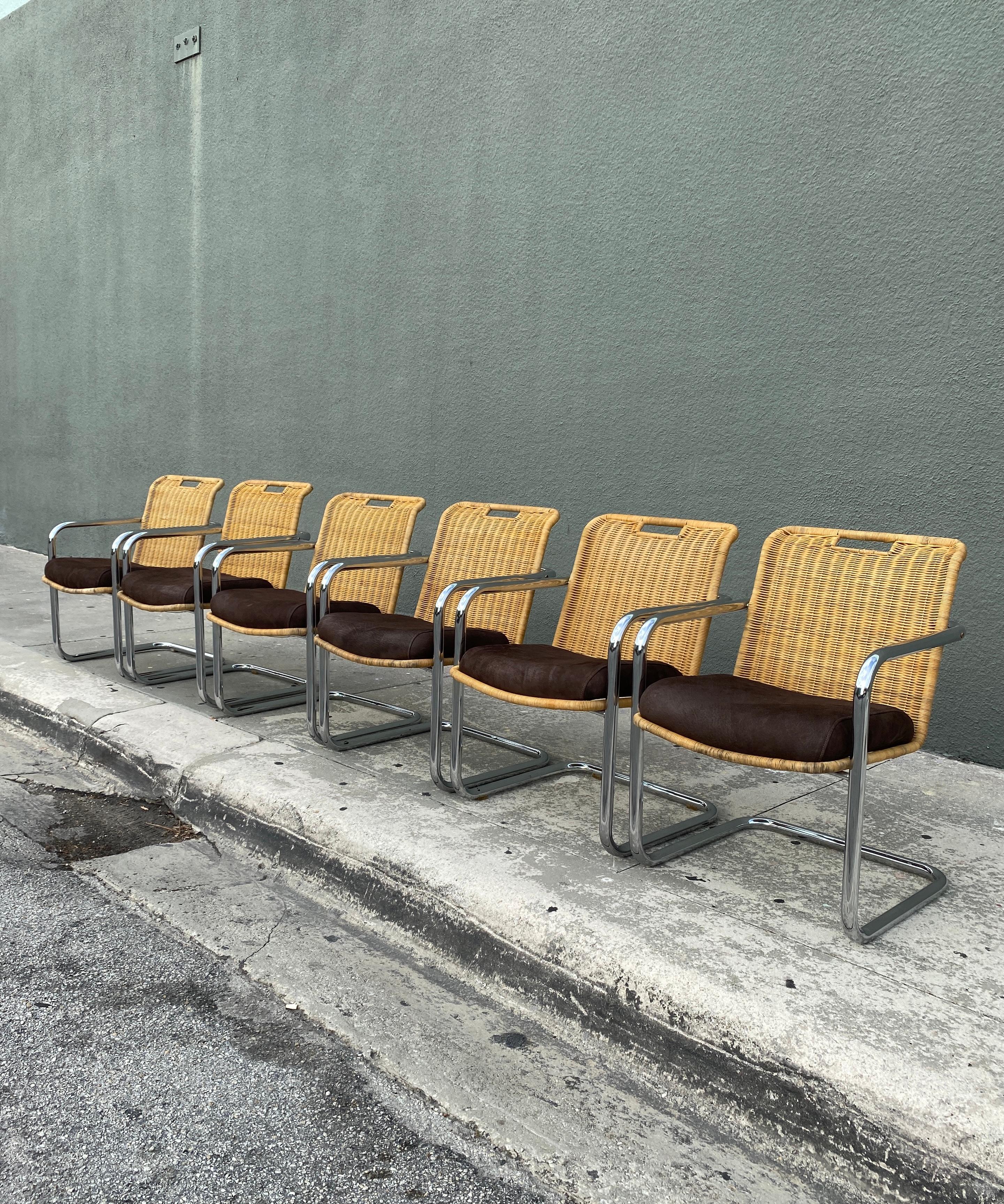 American Six Mid Century Wicker and Chrome Dining Chairs Attributed to Harvey Probber
