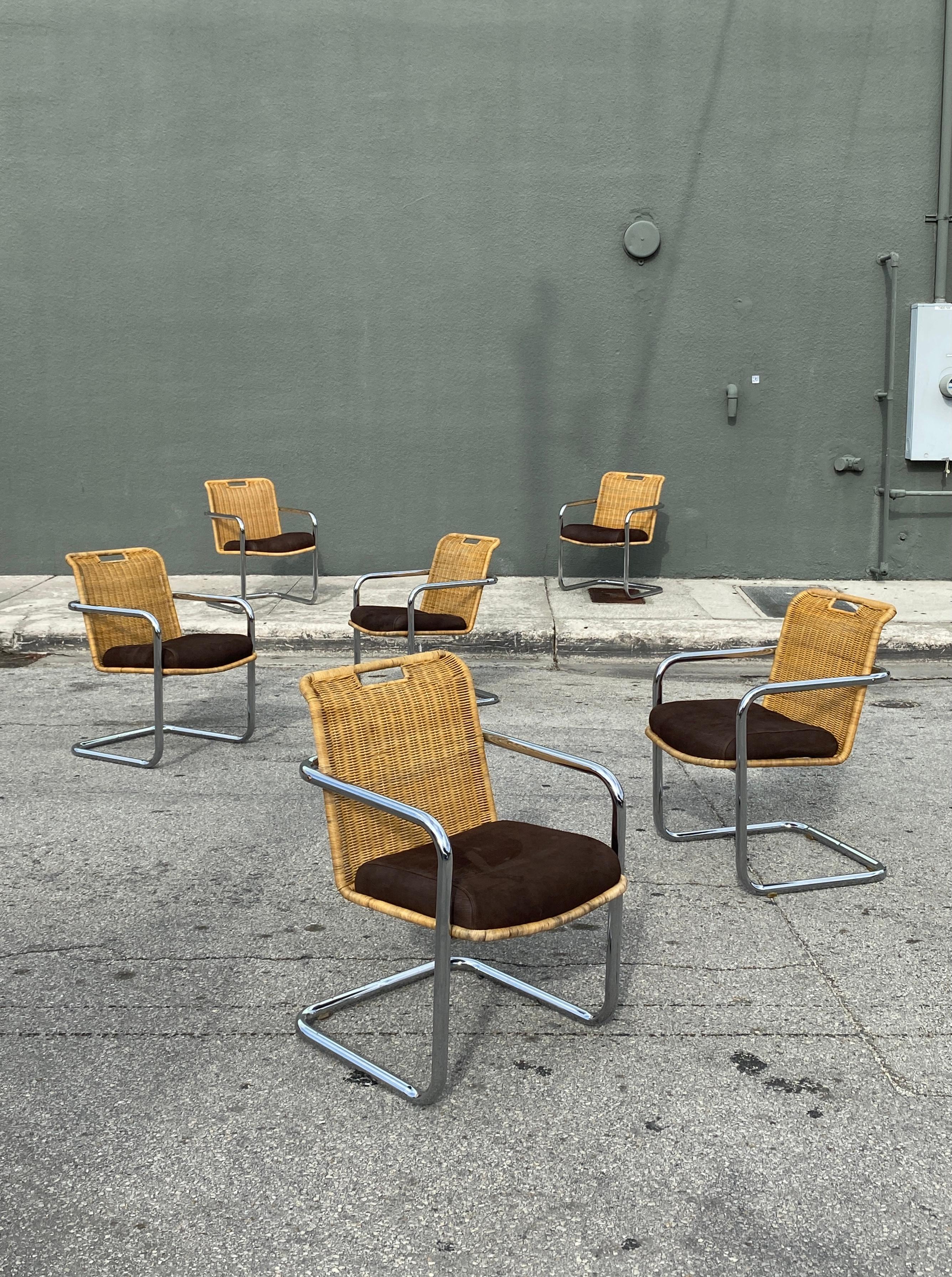 Six Mid Century Wicker and Chrome Dining Chairs Attributed to Harvey Probber In Good Condition In Asheville, NC