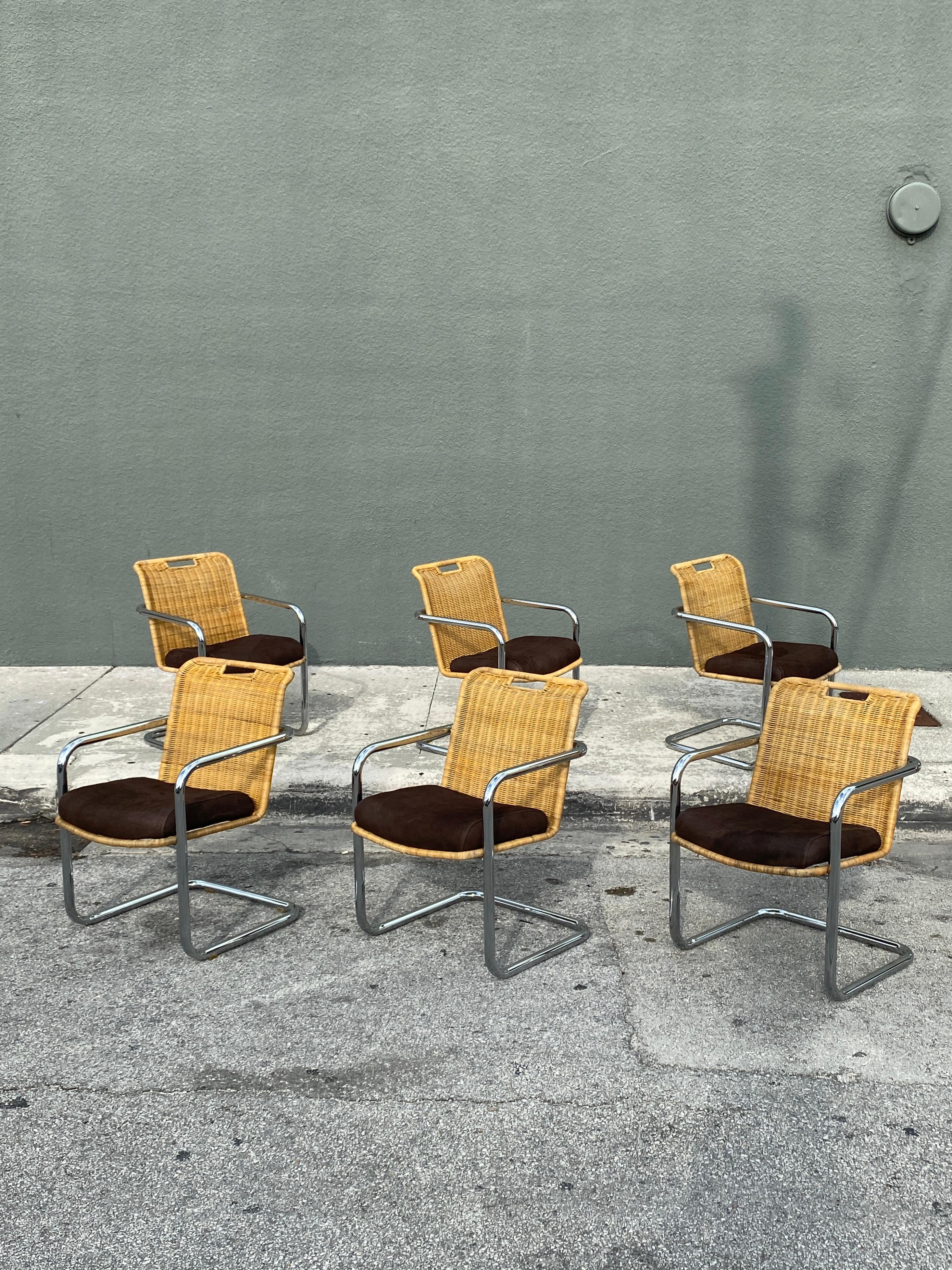 20th Century Six Mid Century Wicker and Chrome Dining Chairs Attributed to Harvey Probber