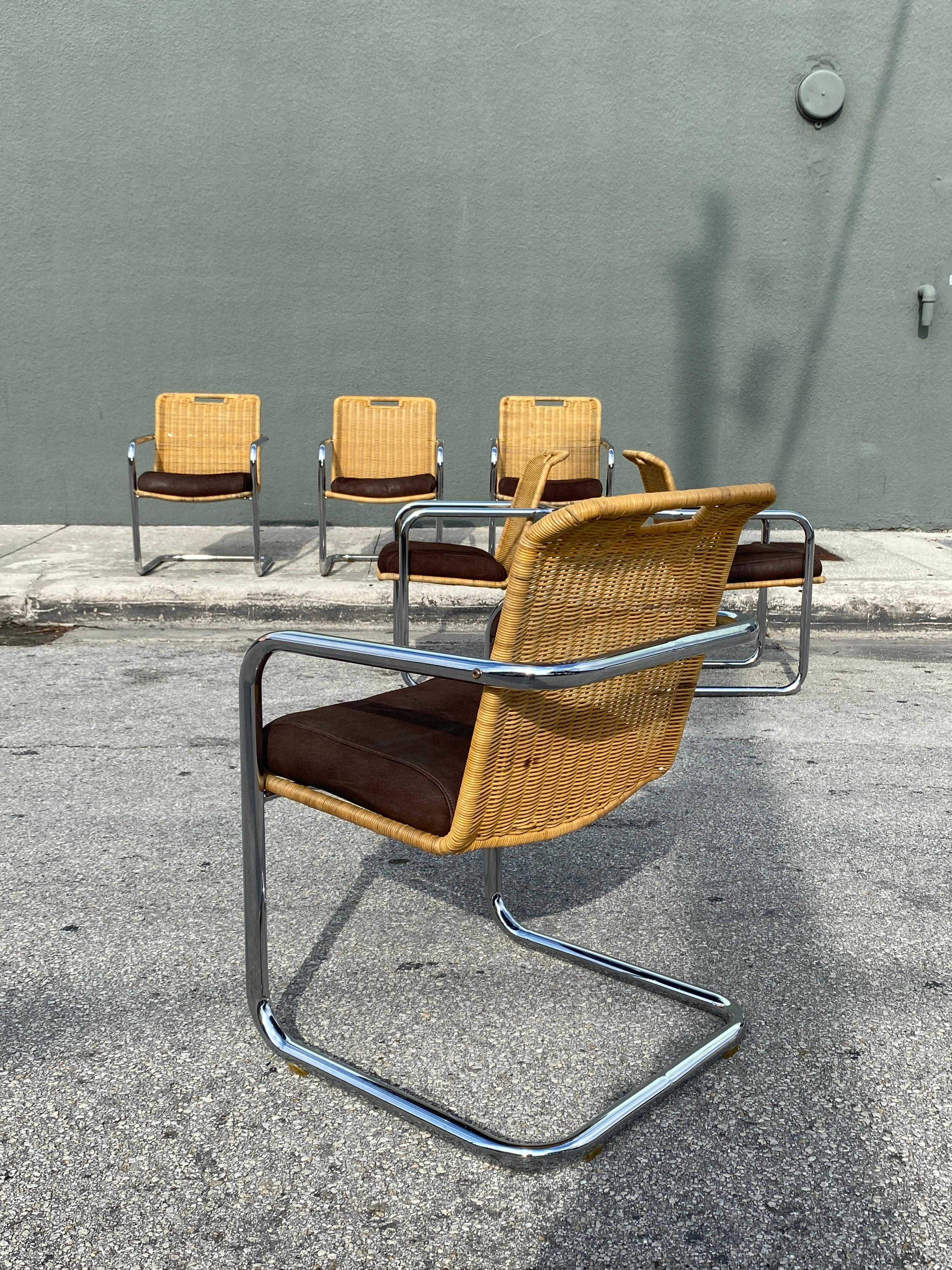 Six Mid Century Wicker and Chrome Dining Chairs Attributed to Harvey Probber 1