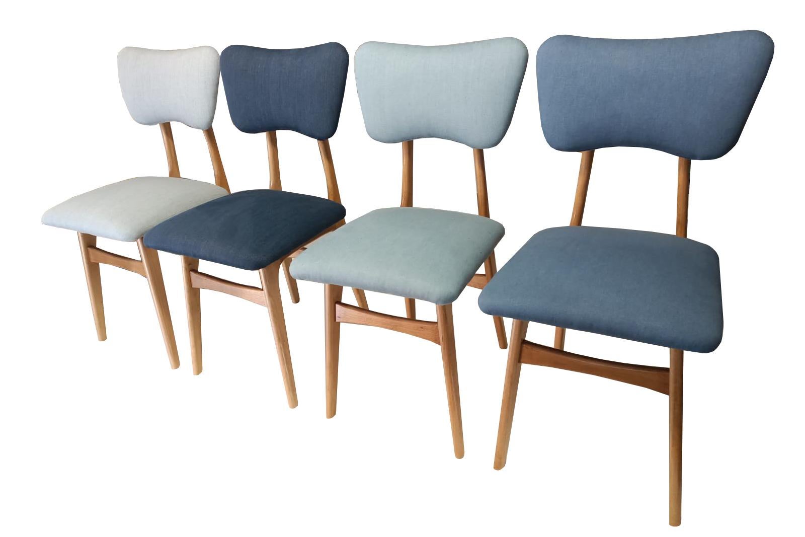 Six MidCentury Butterfly Chairs, Blue Pierre Frey Linen, Oak Wood, Europe, 1960s For Sale 3