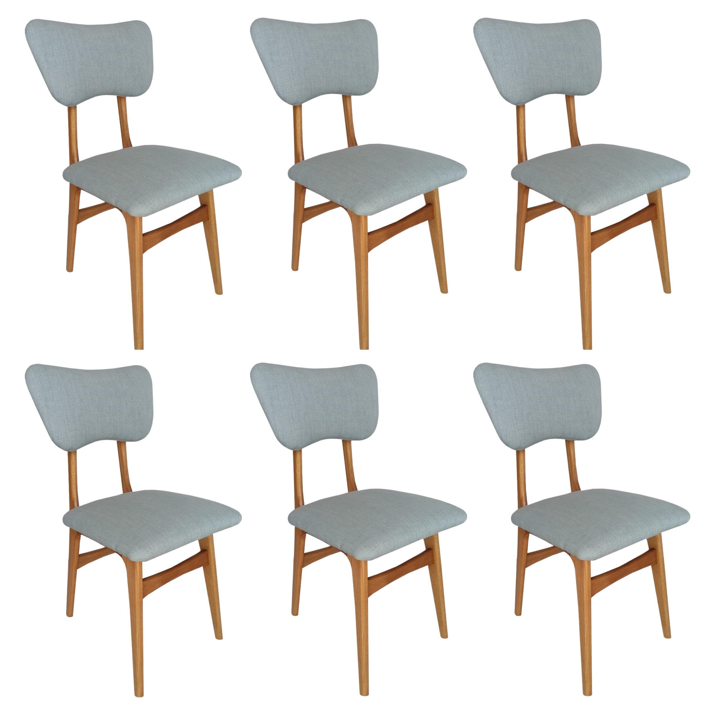Six MidCentury Butterfly Chairs, Blue Pierre Frey Linen, Oak Wood, Europe, 1960s