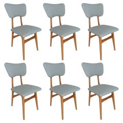 Six MidCentury Butterfly Chairs, Blue Pierre Frey Linen, Oak Wood, Europe, 1960s