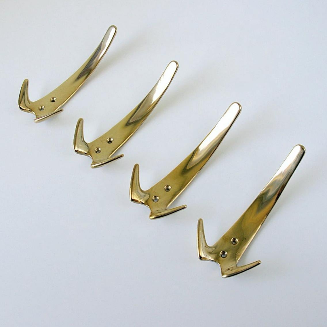 Mid-Century Modern Carl Auböck Midcentury Six Polished Brass Wall Coat Hooks, 1950s, Austria For Sale