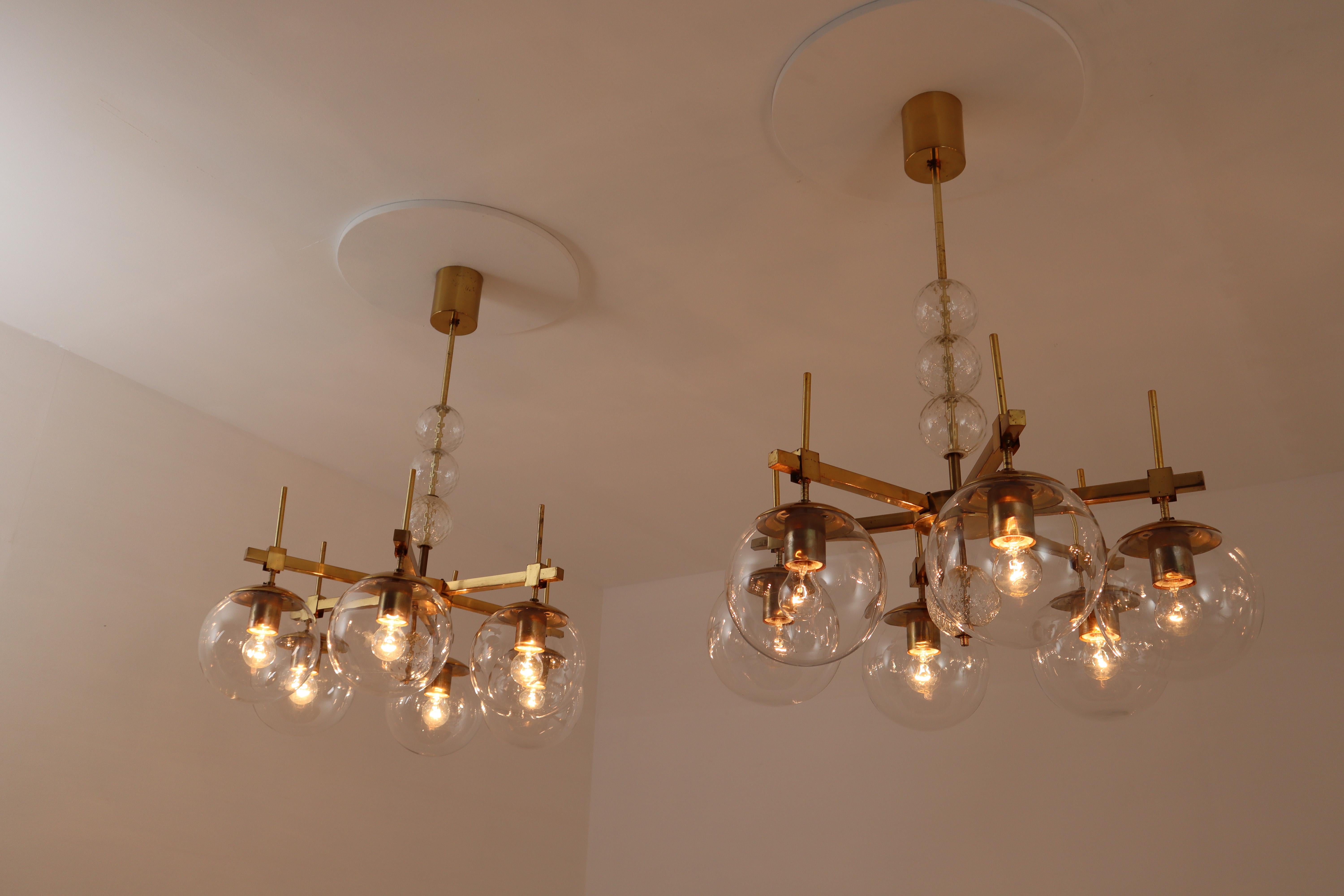 Six Midcentury Chandeliers with Brass Fixture and Hand-Blown Glass, Europe 4