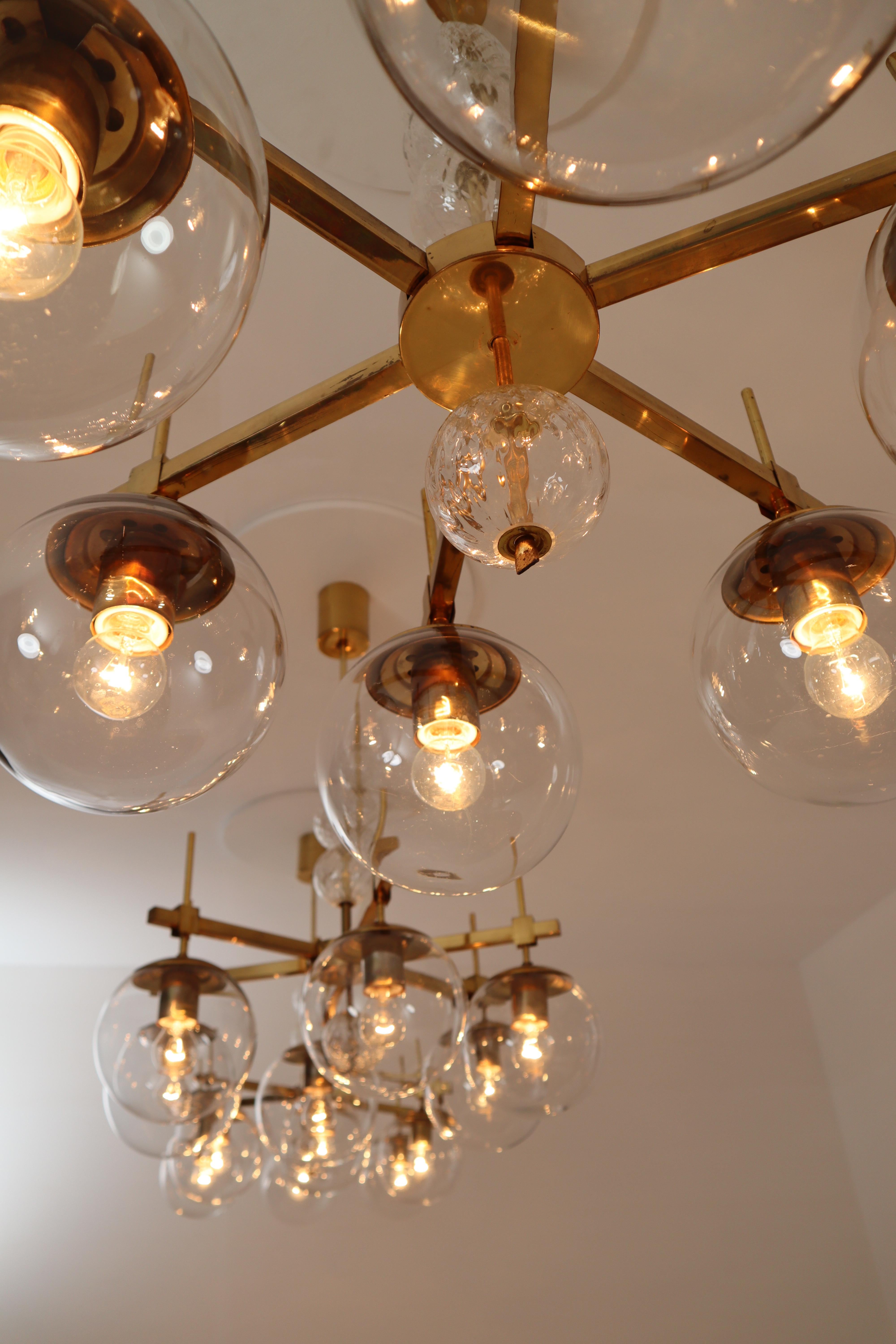 Six Midcentury Chandeliers with Brass Fixture and Hand-Blown Glass, Europe 8