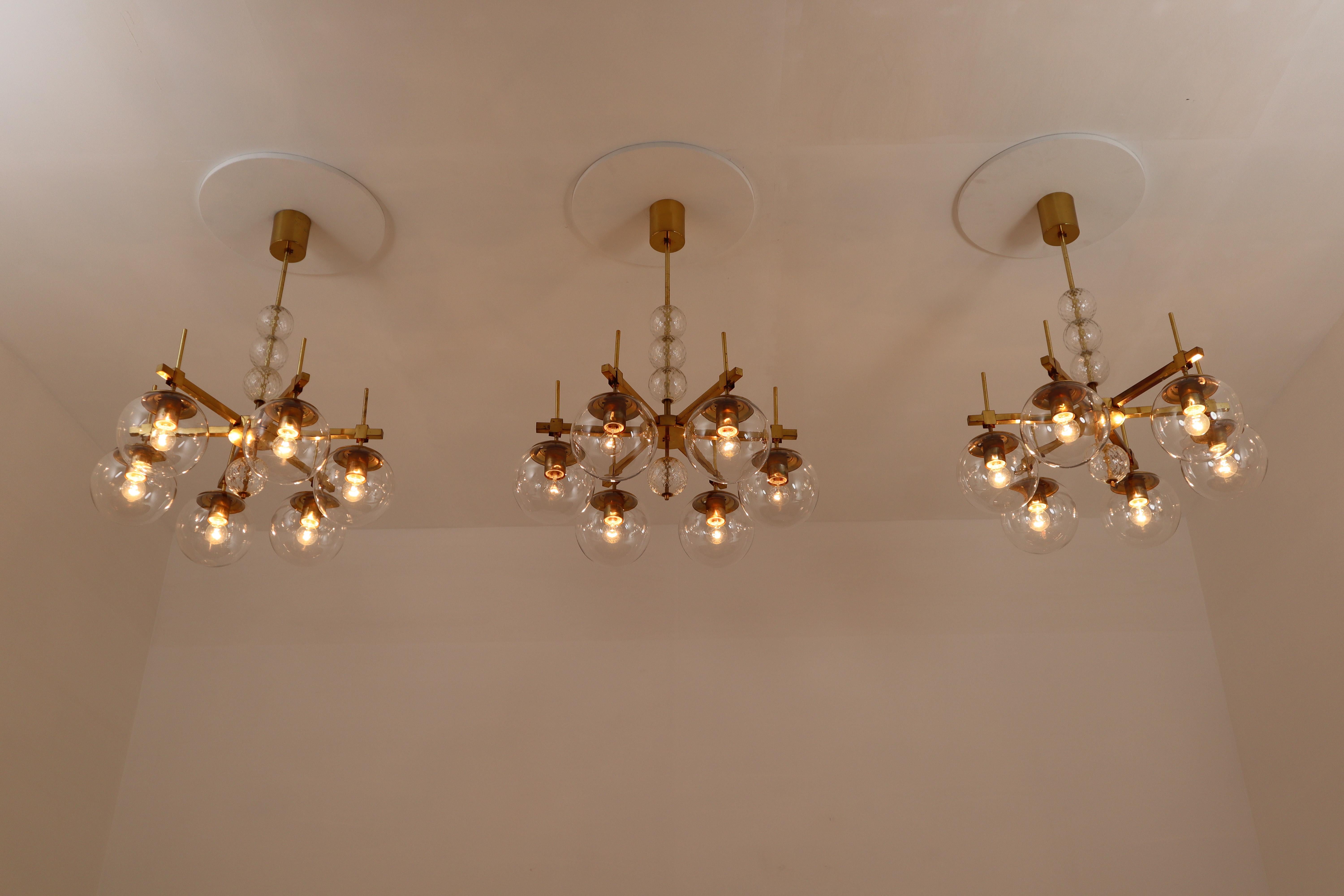 Six Midcentury Chandeliers with Brass Fixture and Hand-Blown Glass, Europe 9
