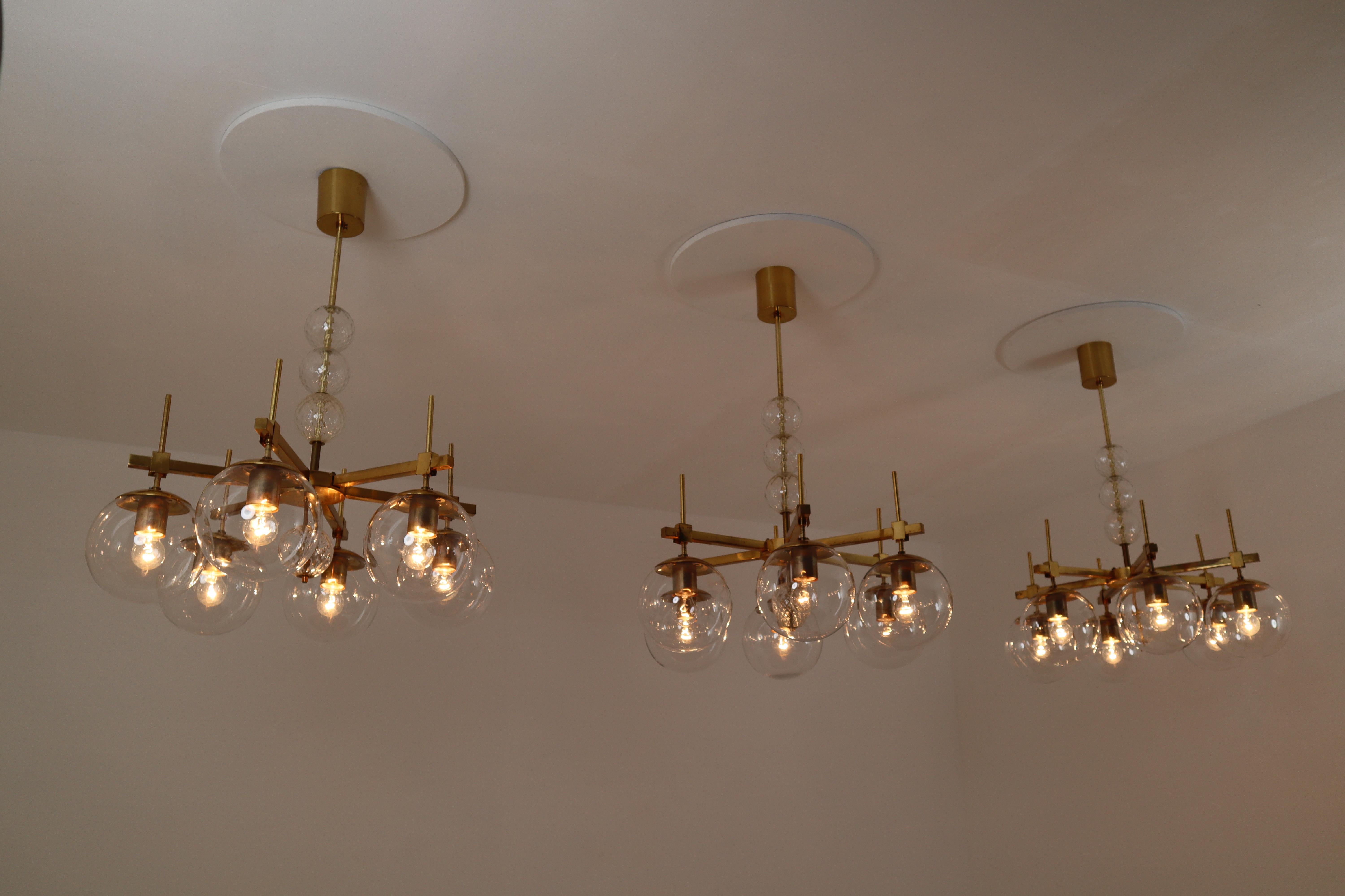 Six Midcentury Chandeliers with Brass Fixture and Hand-Blown Glass, Europe 10