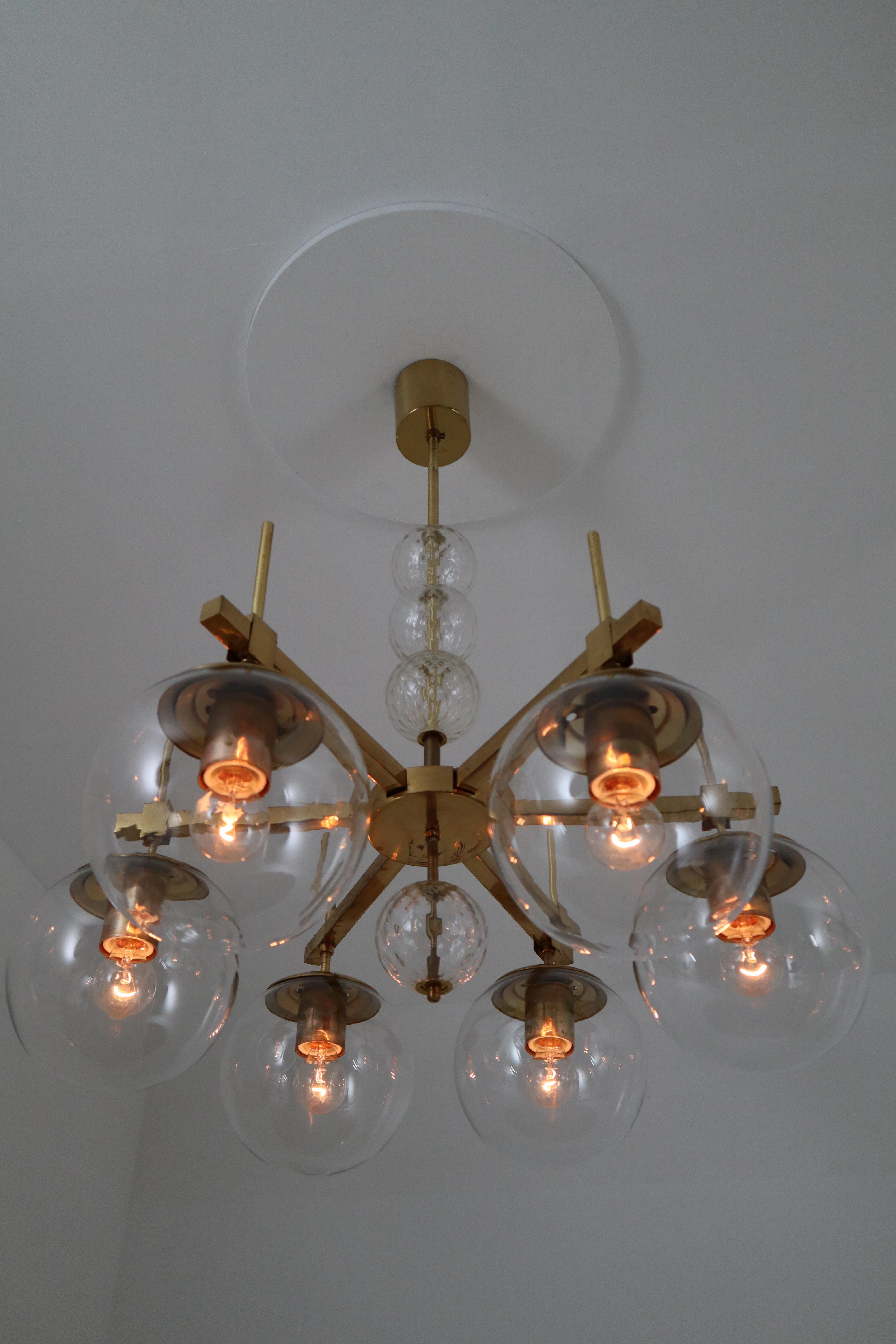 Hollywood Regency Six Midcentury Chandeliers with Brass Fixture and Hand-Blown Glass, Europe