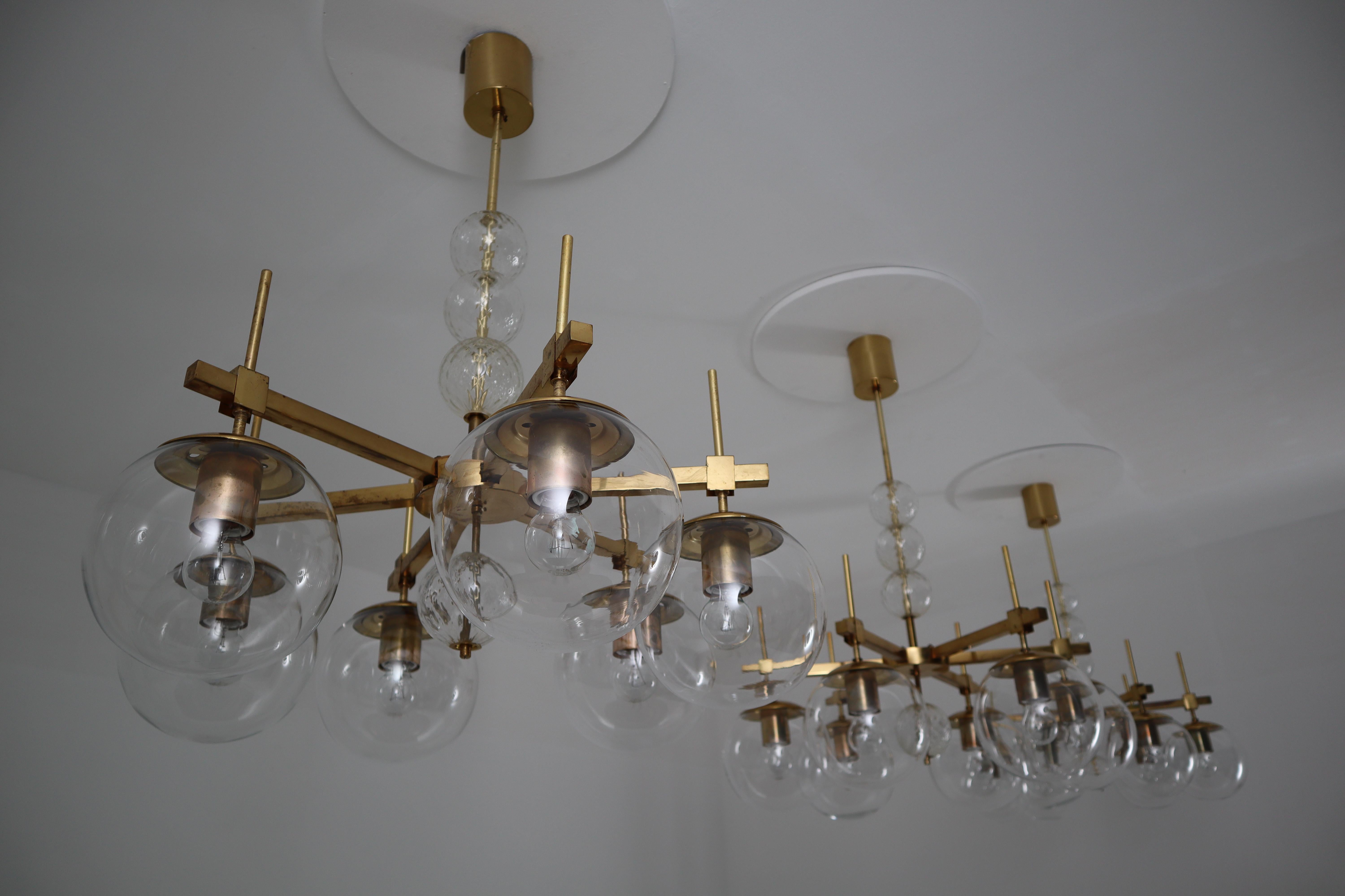 Six Midcentury Chandeliers with Brass Fixture and Hand-Blown Glass, Europe In Good Condition In Almelo, NL