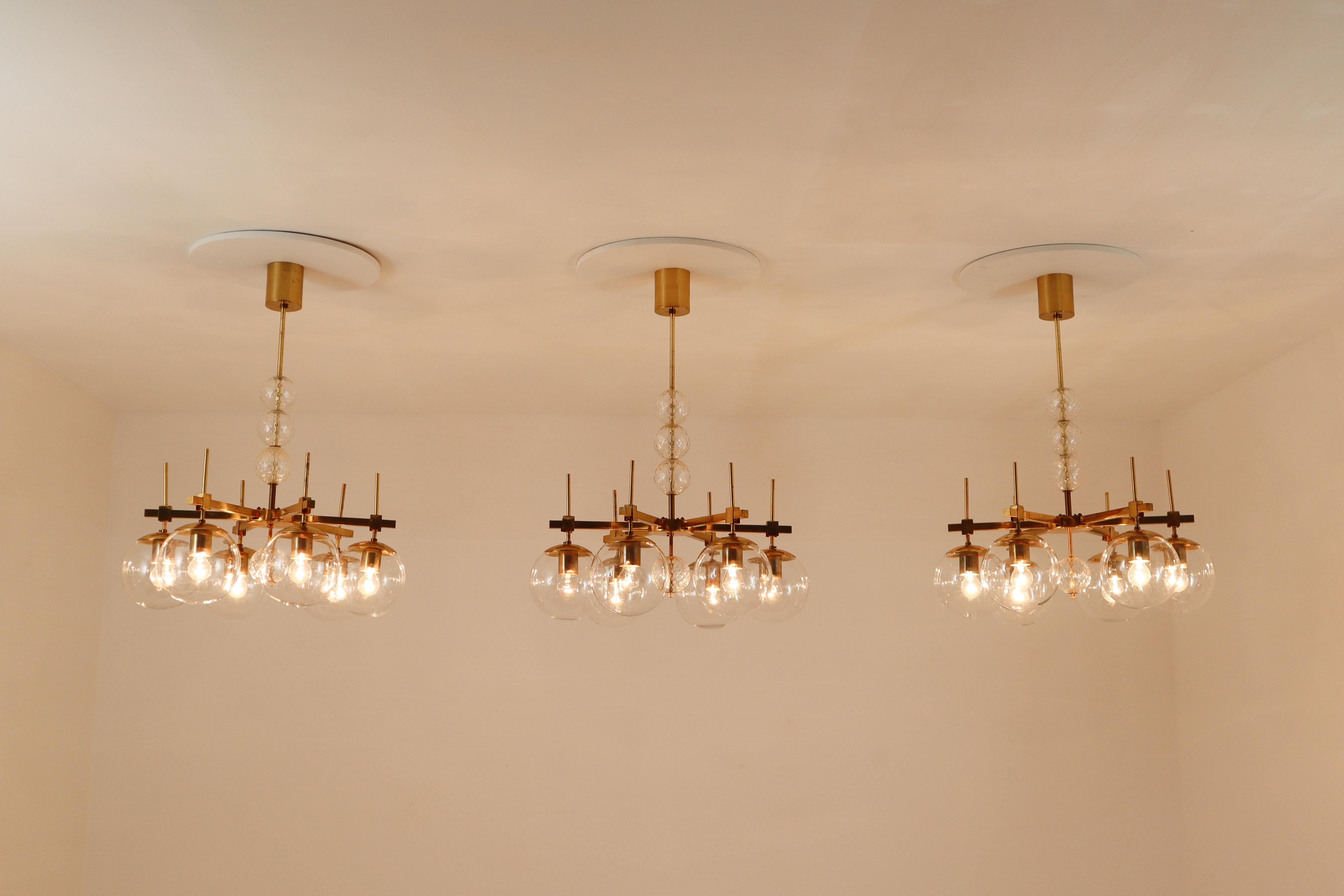 20th Century Six Midcentury Chandeliers with Brass Fixture and Hand-Blown Glass, Europe
