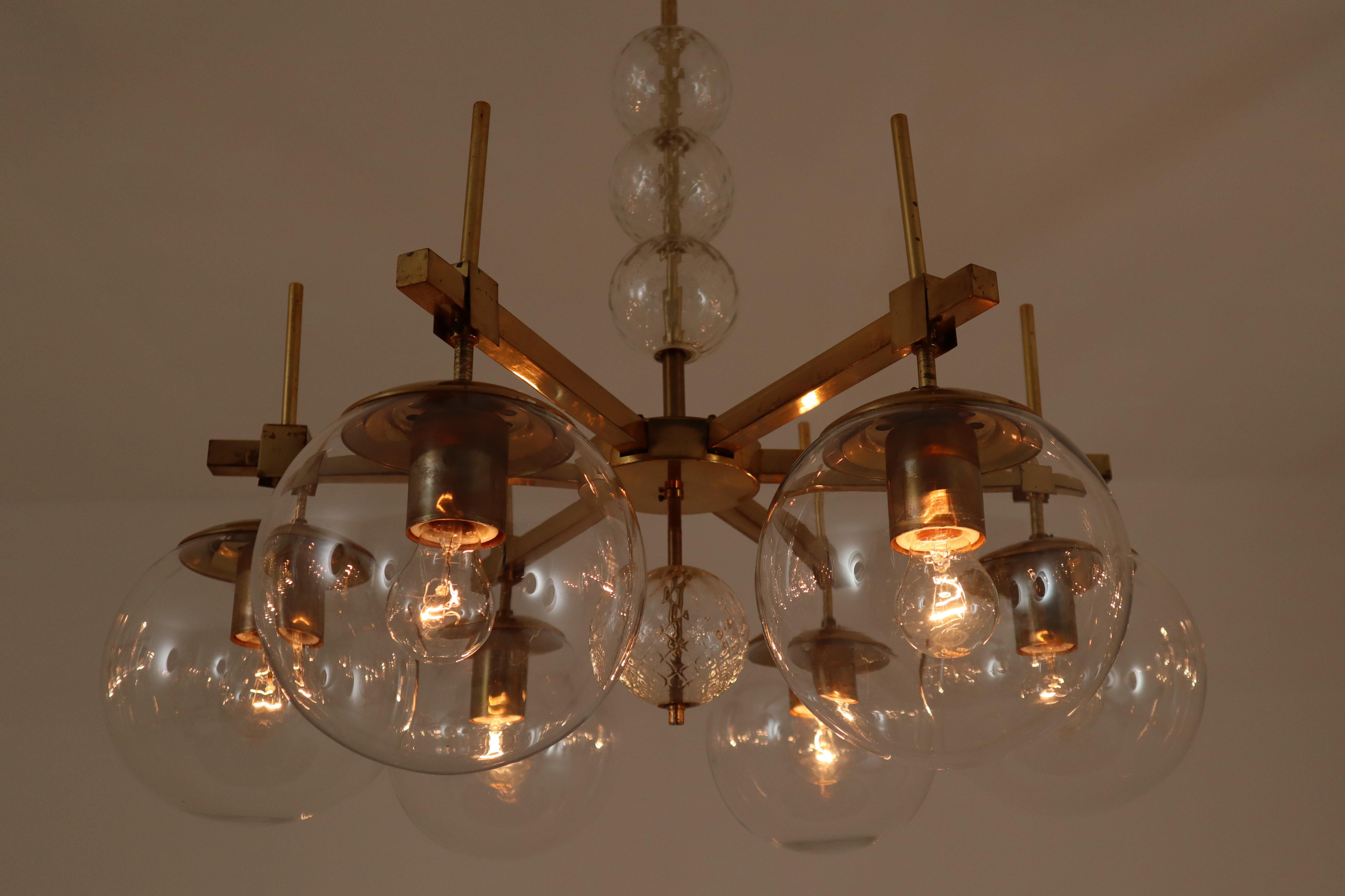 Six Midcentury Chandeliers with Brass Fixture and Hand-Blown Glass, Europe 1